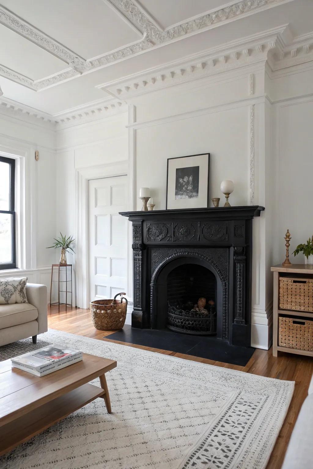 Produce a breathtaking contrast by matching a dark hearth with pale walls.