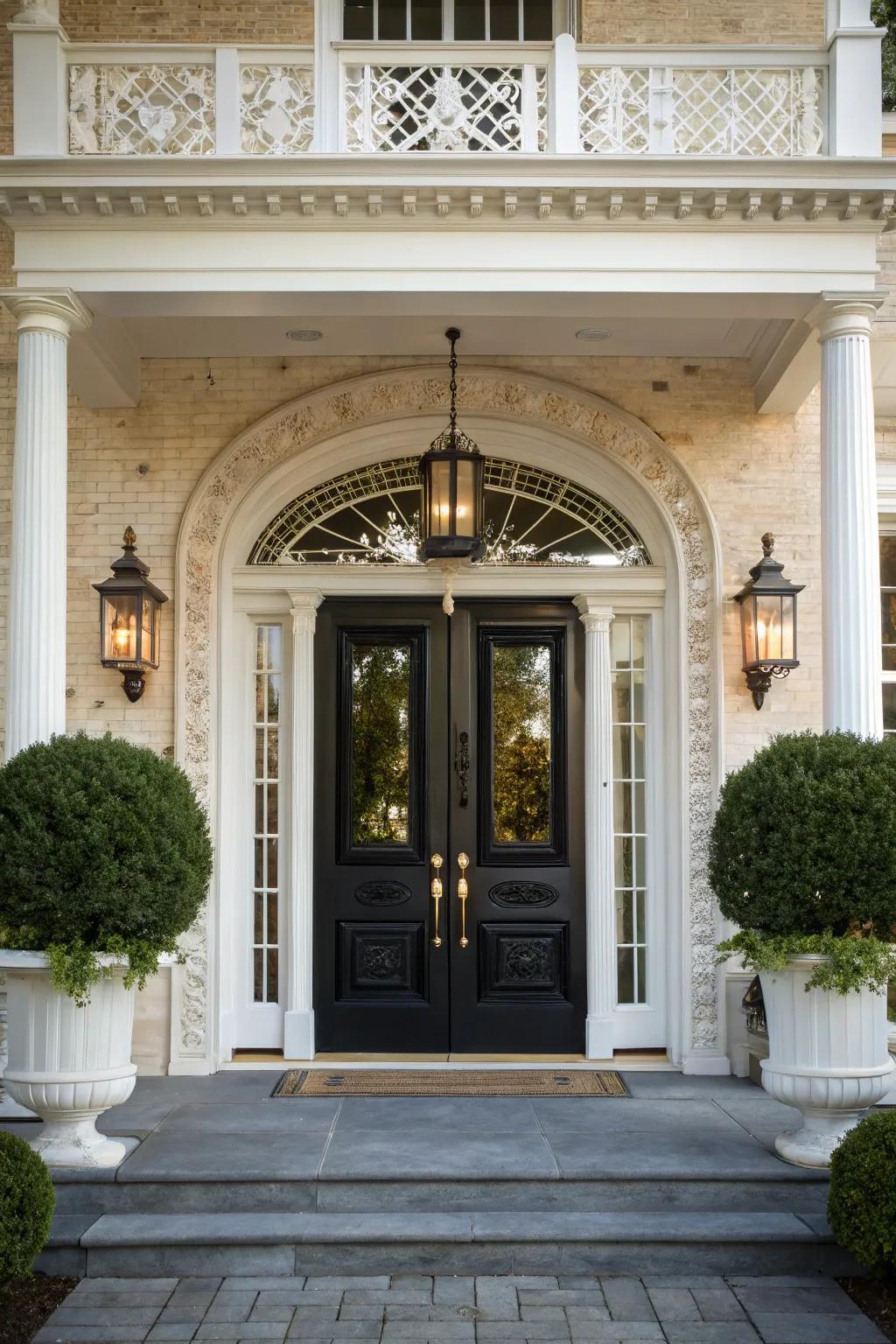 Double doors accompanied by white trim craft a welcoming and balanced entryway.