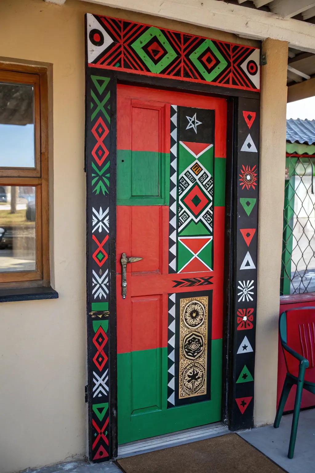 A door design utilizing Pan-African colors and designs to celebrate cultural heritage.