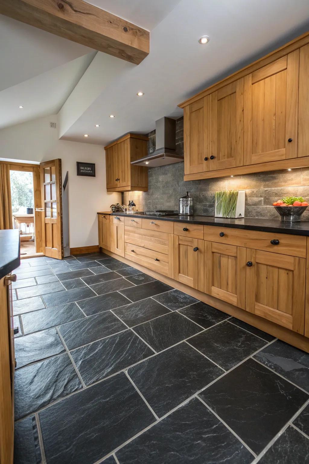 A culinary space exemplifying the lavish tactility of genuine record jet-black floor components.