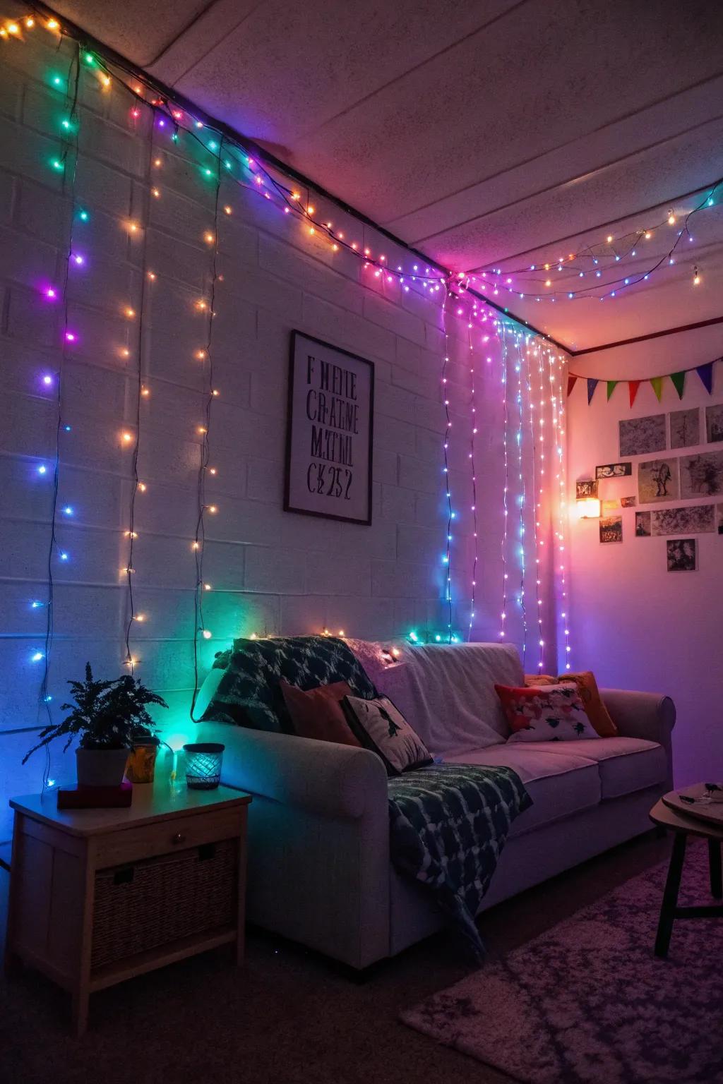 String lights glow softly, creating a magical ambiance.