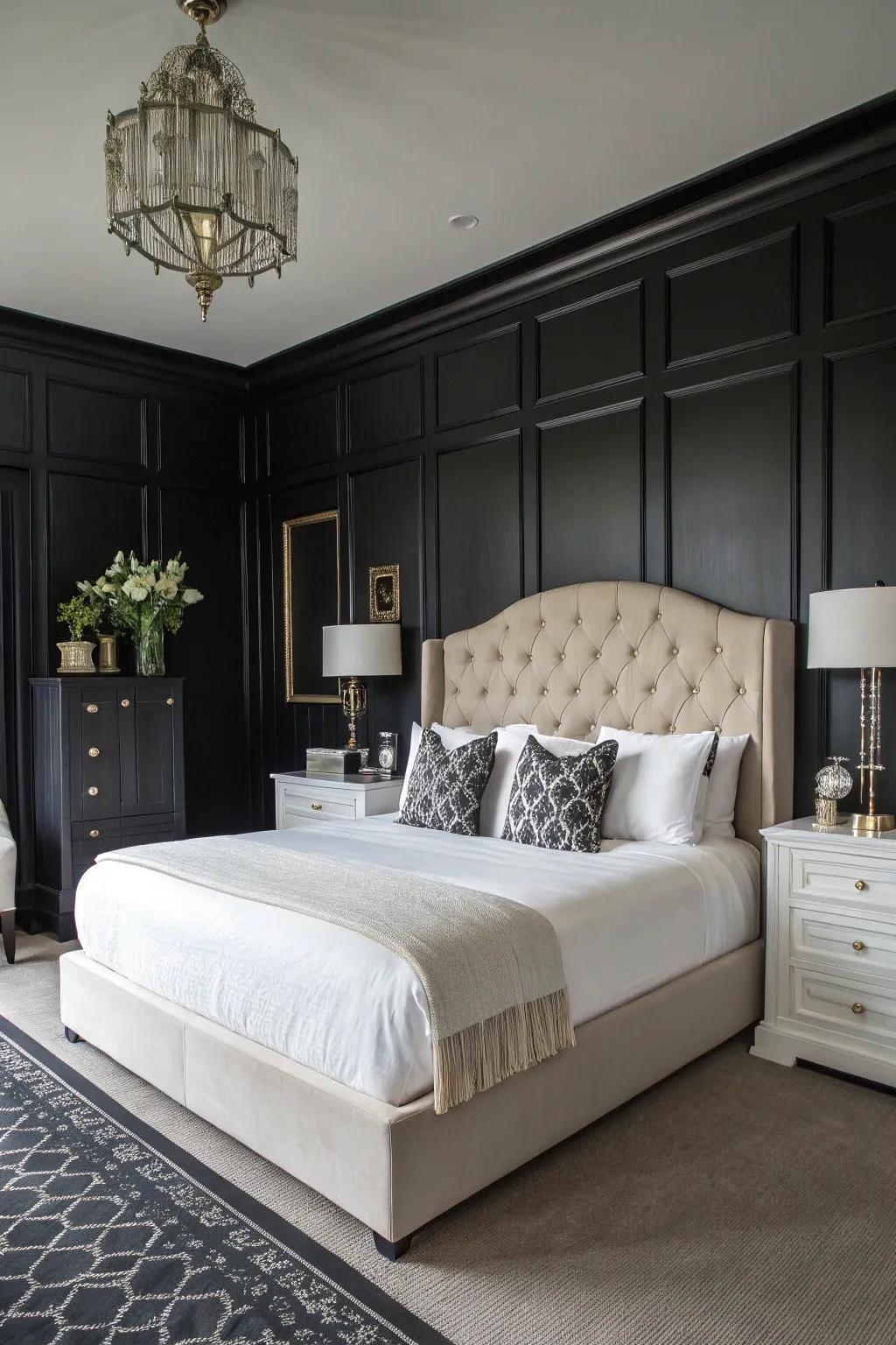 Alabaster bedding delivers a stunning juxtaposition to obsidian ornamentation.