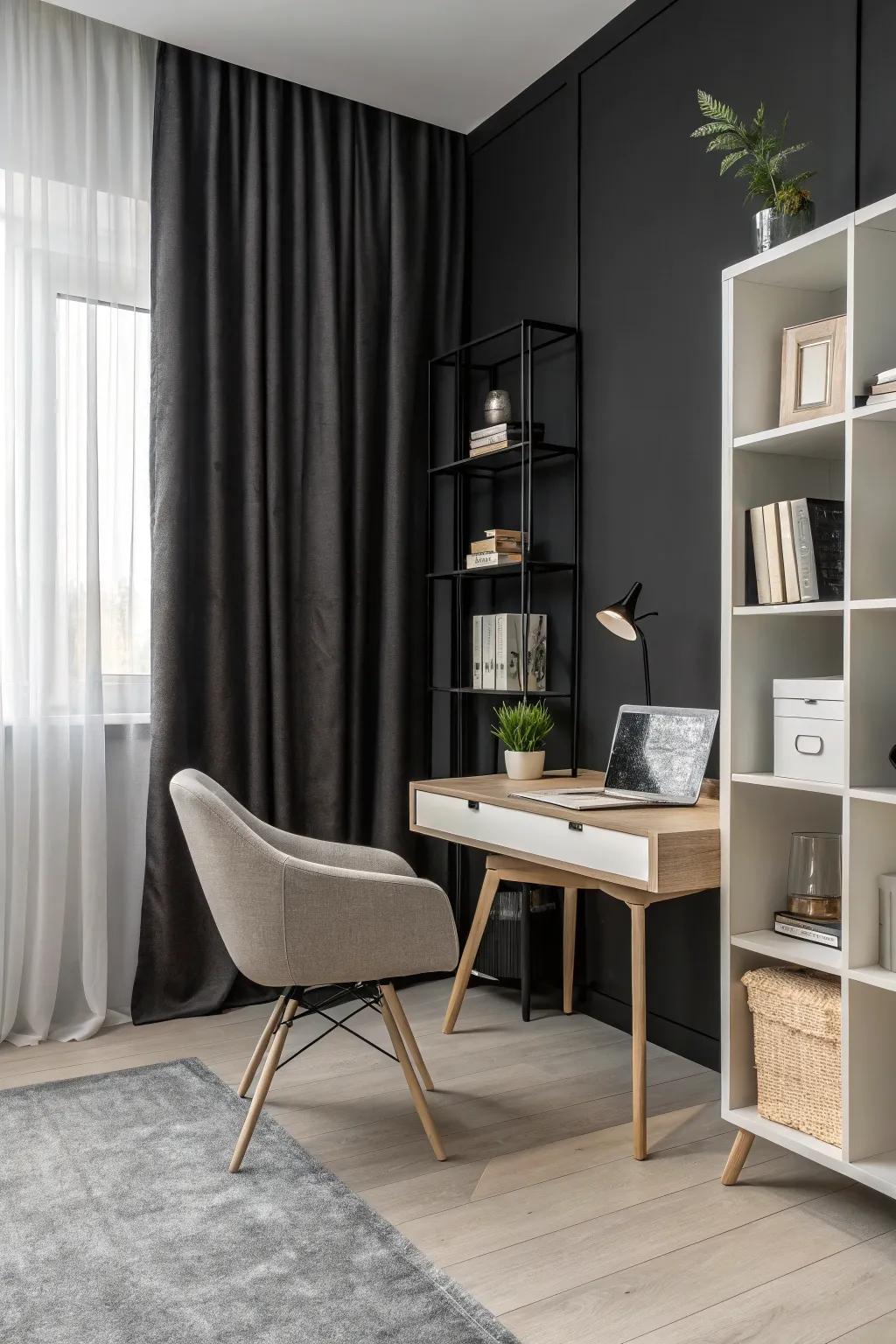 Simple furnishings accentuate the refinement of a charcoal-themed office.