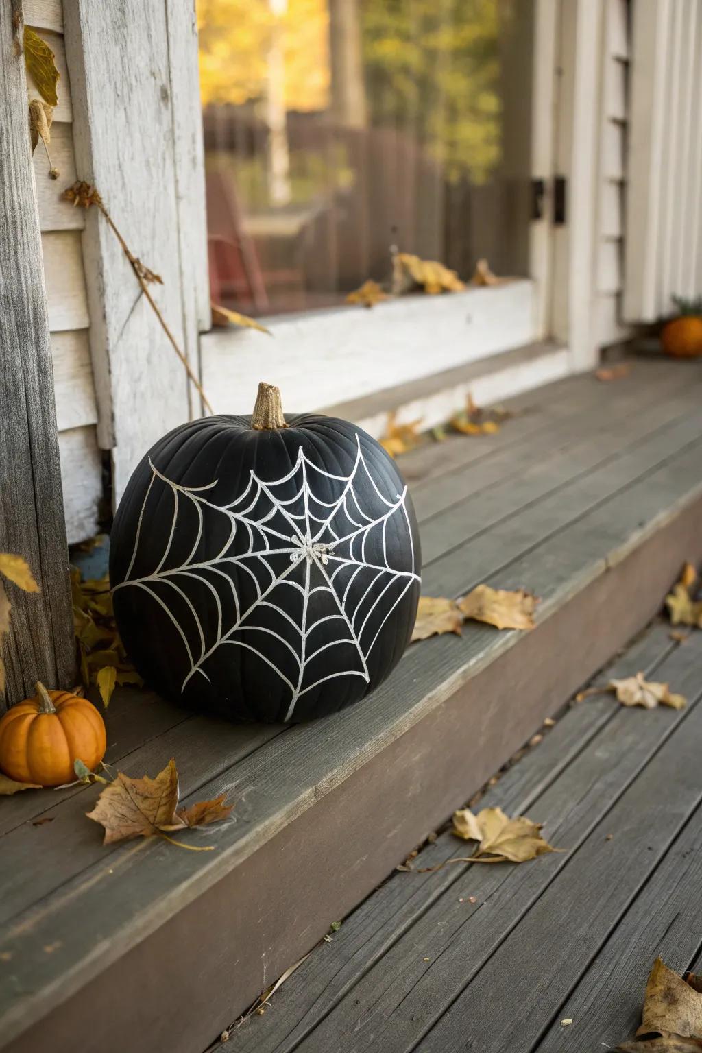 A dark-colored pumpkin featuring an eerie arachnid's web design, ideal for greeting guests.