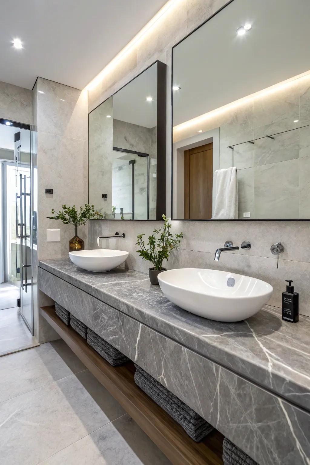 Ash marble details enhance the elegance and sophistication of this bathroom.