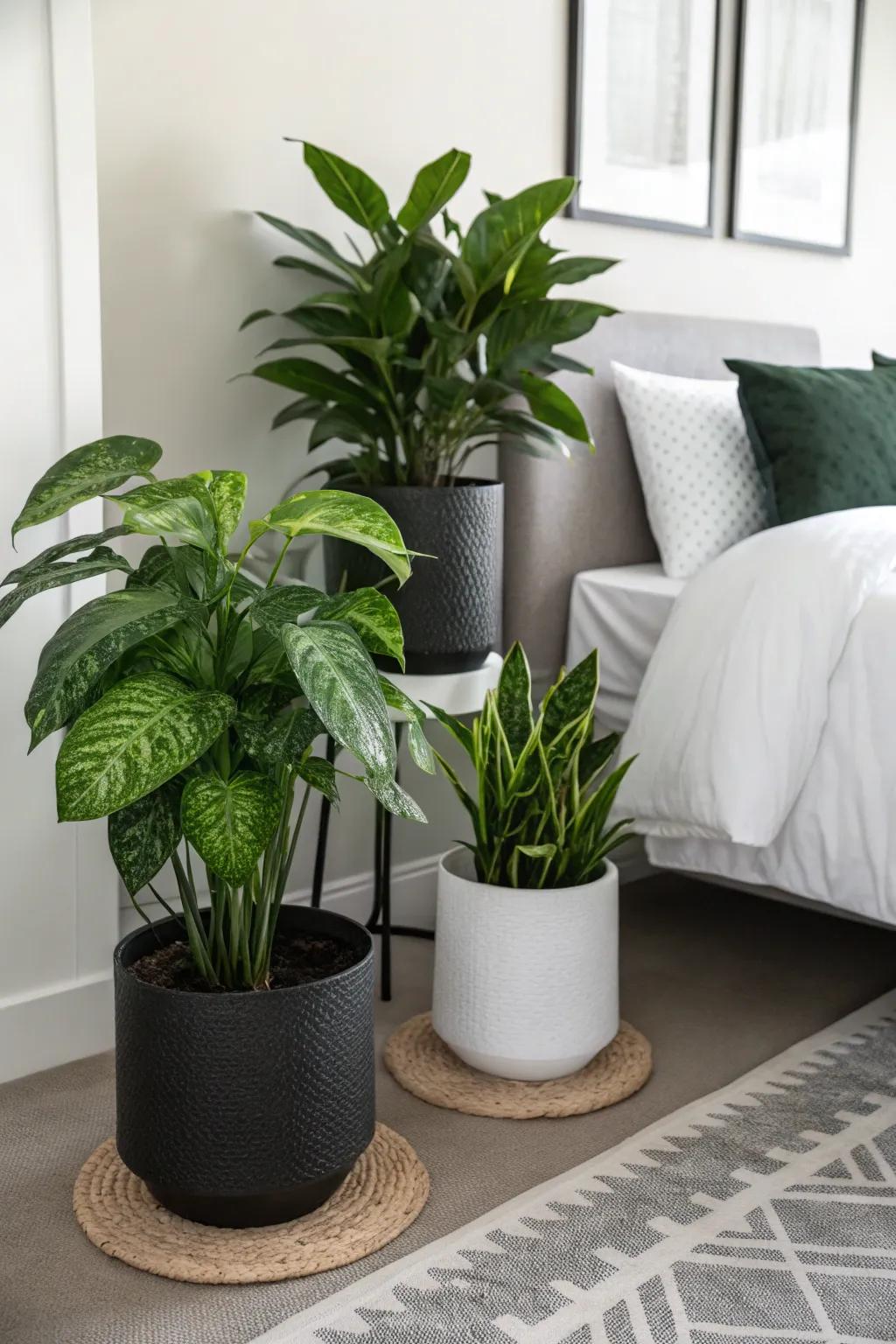 Green plants bringing an energetic touch to a dark and light-toned bedroom.