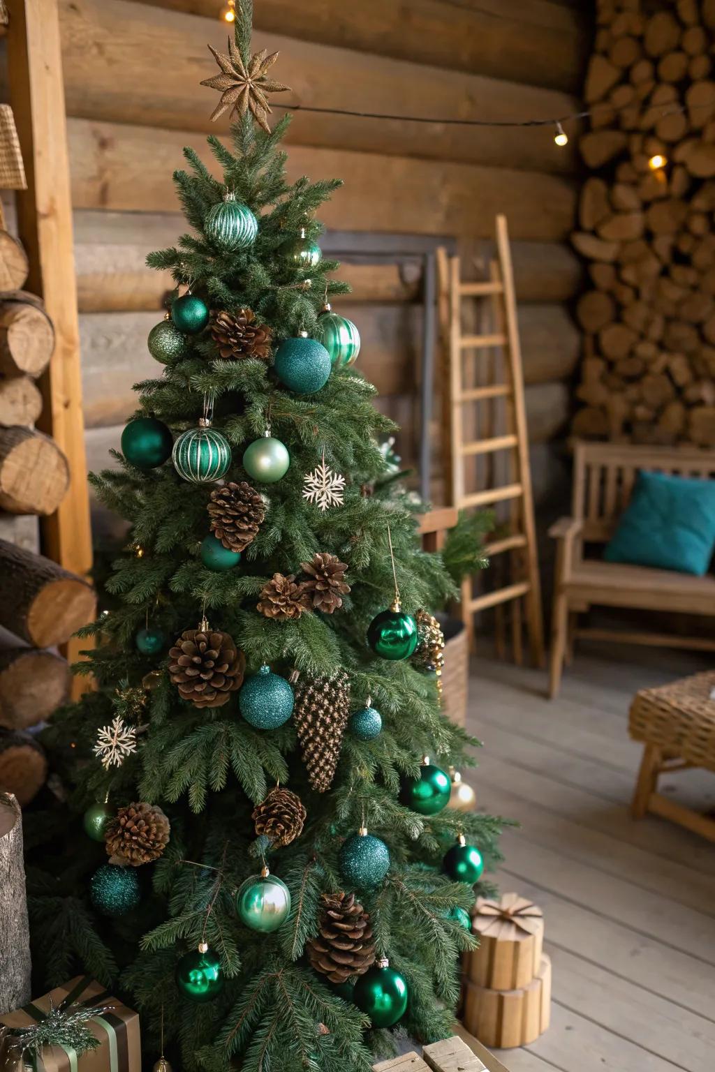 A tree inspired by nature, featuring forest green and teal accents for a balanced rustic and luxurious appearance.