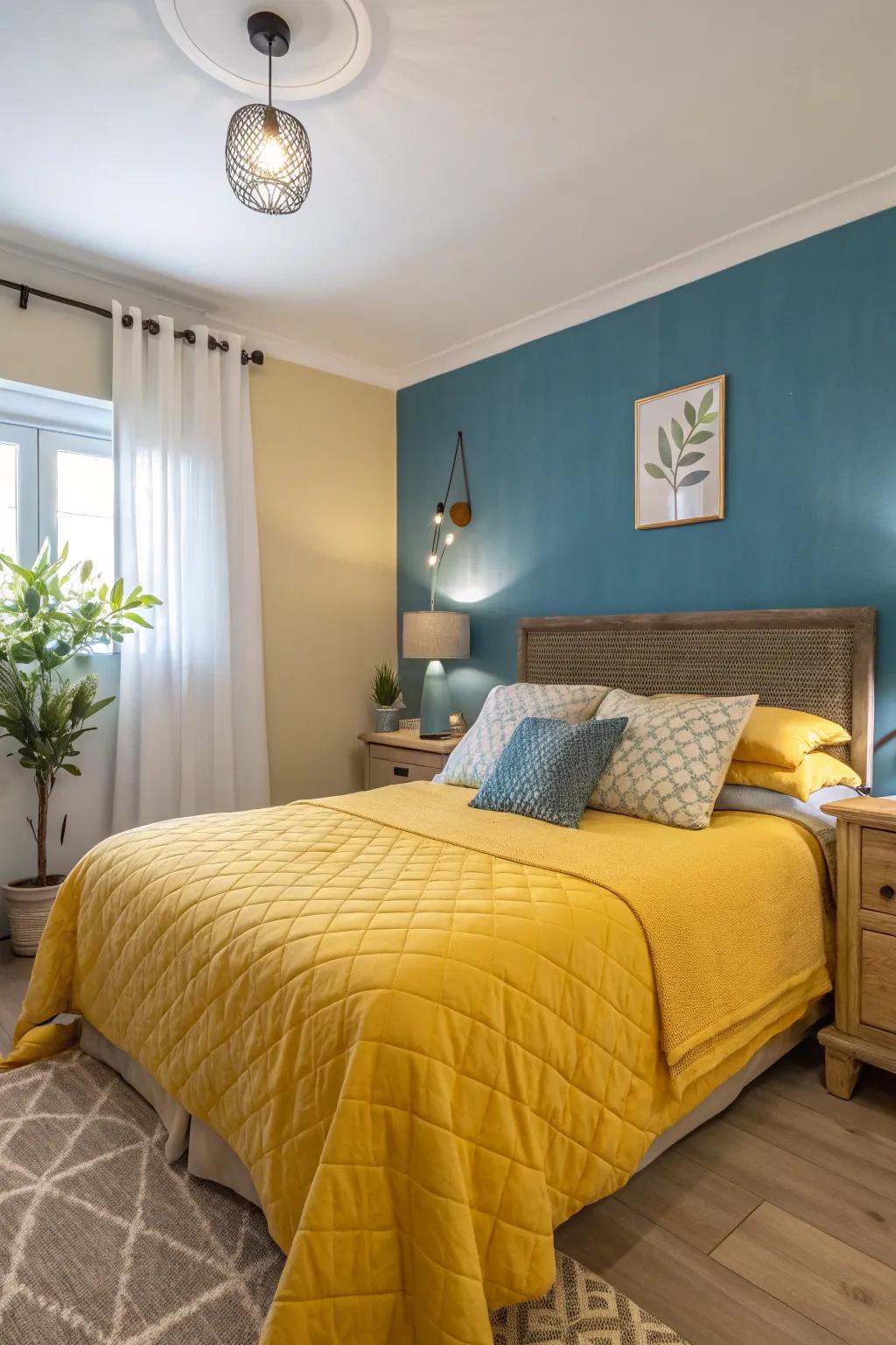 A bedroom featuring an azure highlighted wall and gold-toned bedding for a tranquil aesthetic.