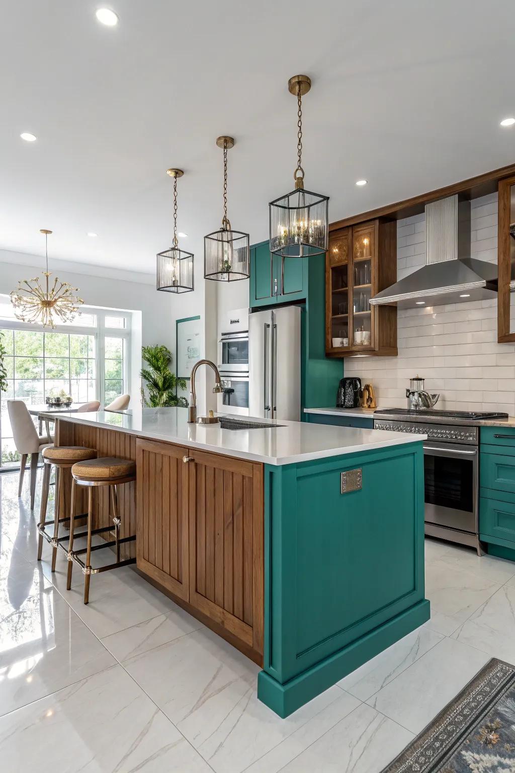 A peacock island adds a modern flair to this fashionable kitchen.