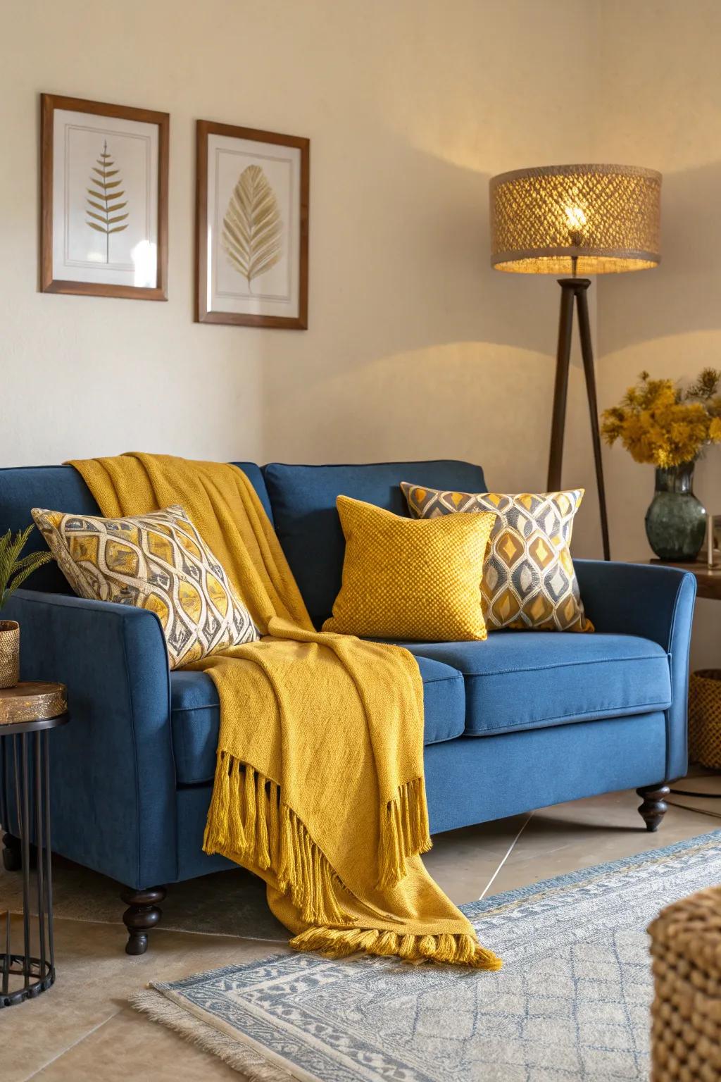 A spark of saffron yellow can amplify the allure of the cerulean couch.