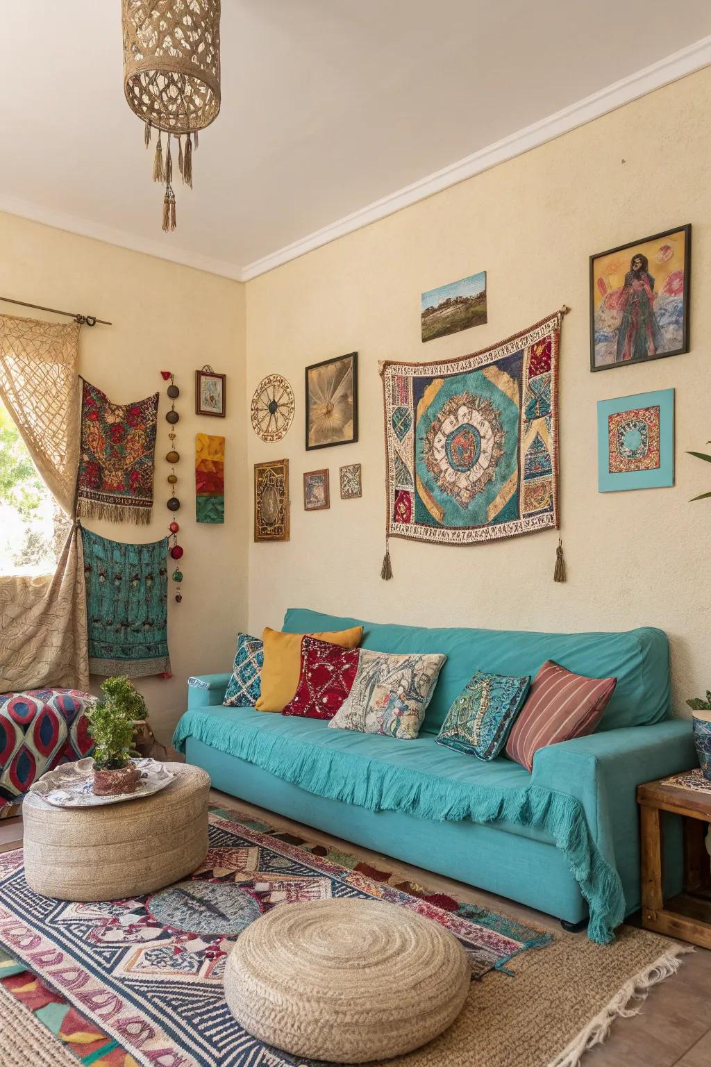A bohemian lounge using a vibrant and natural color scheme.