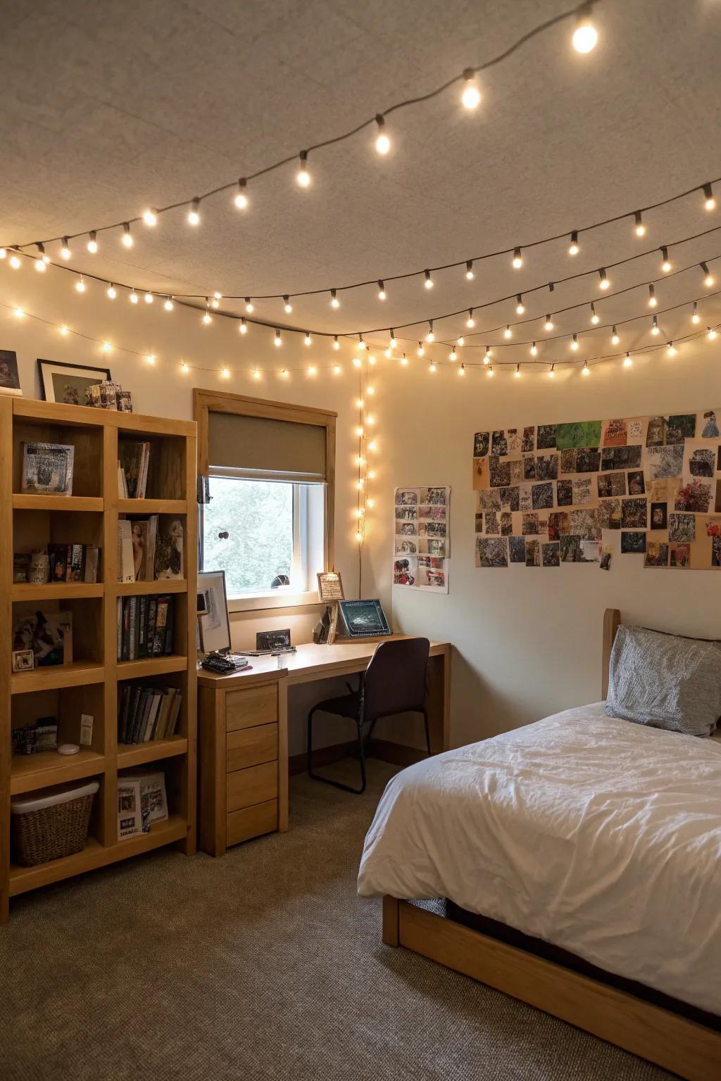 String lights enhance the warmth of the area
