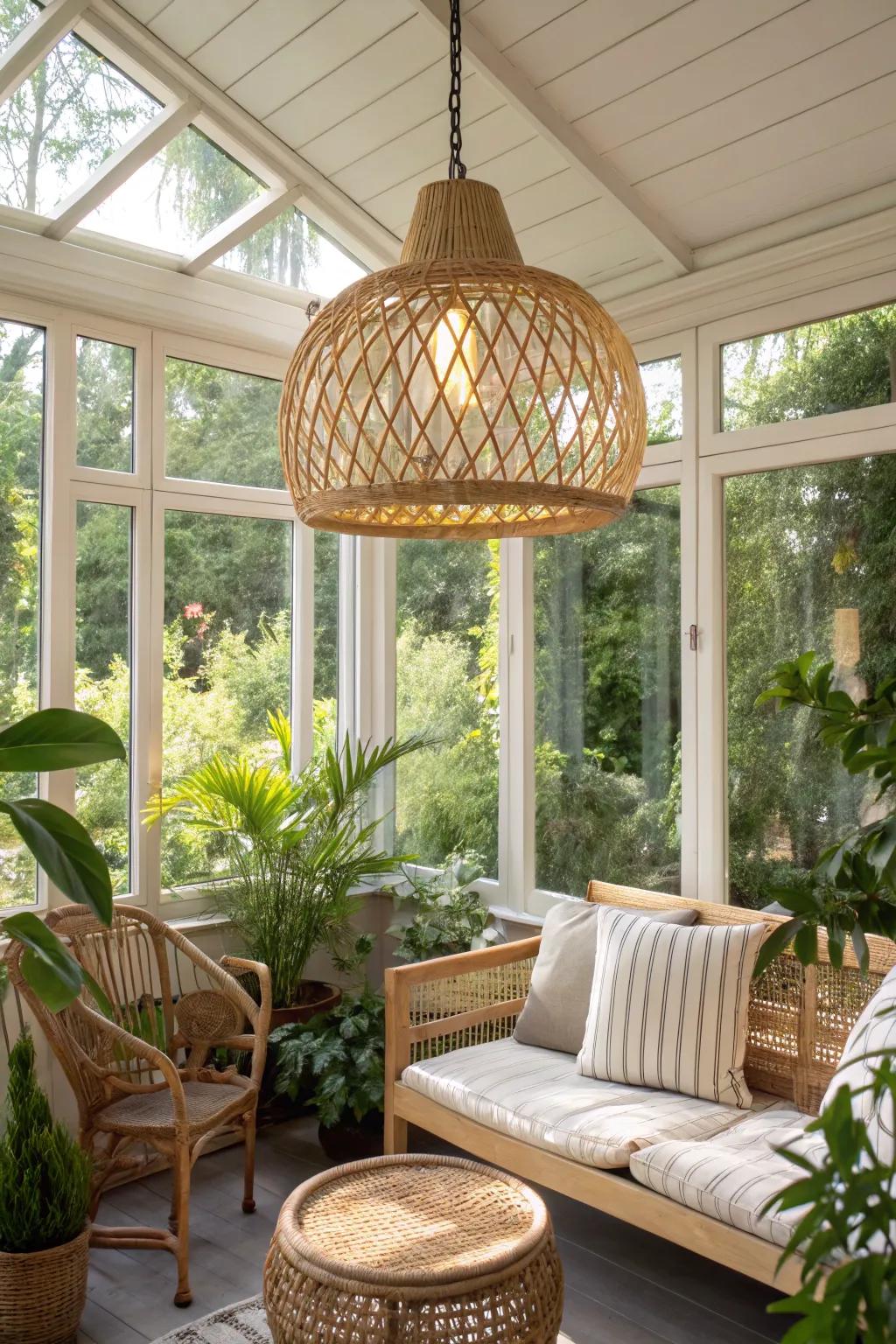 An interwoven bamboo illumination assembly gives a breezy, tropical sensation to this solarium.