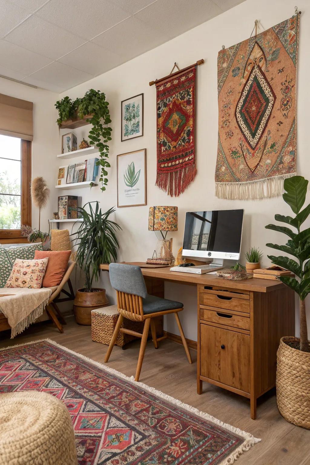 Earthy tones with colorful accents provide a balanced boho look.