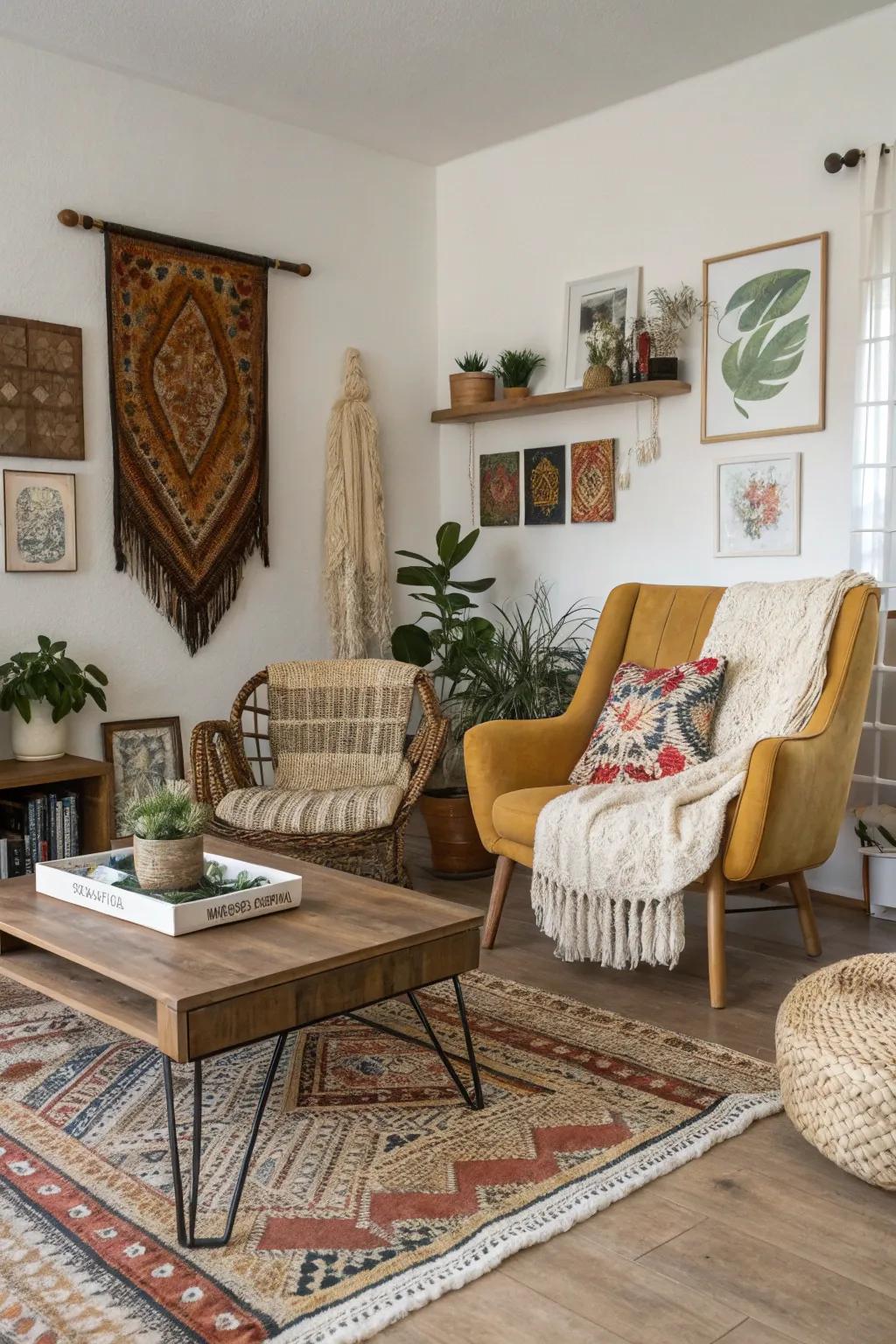 Diverse furniture builds a room filled with appeal and individuality.