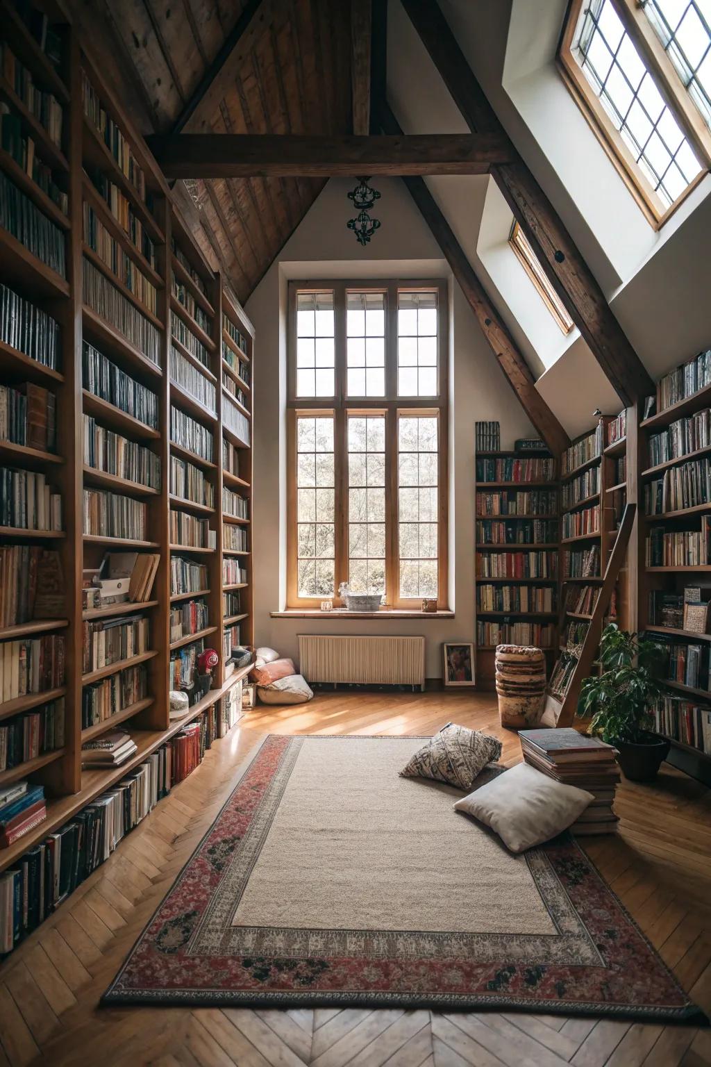 A loft transformed into a personal library, perfectly suited for book enthusiasts.