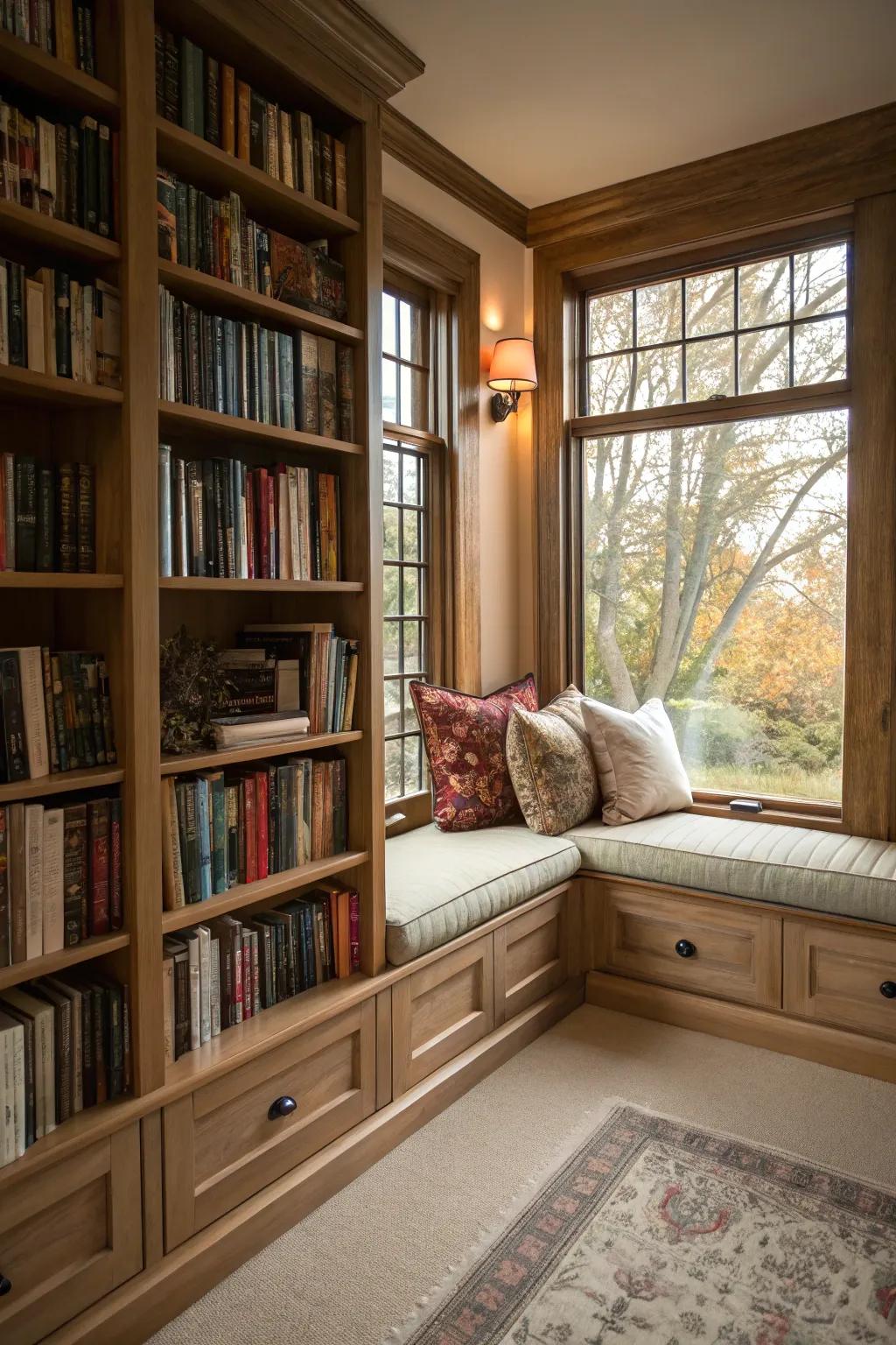 Design a comfortable reading alcove with strategically placed displays.
