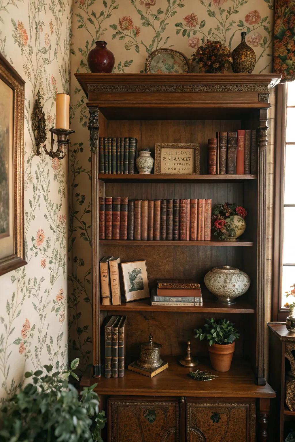 A bookshelf featuring classic floral wallpaper, exuding a nostalgic charm.