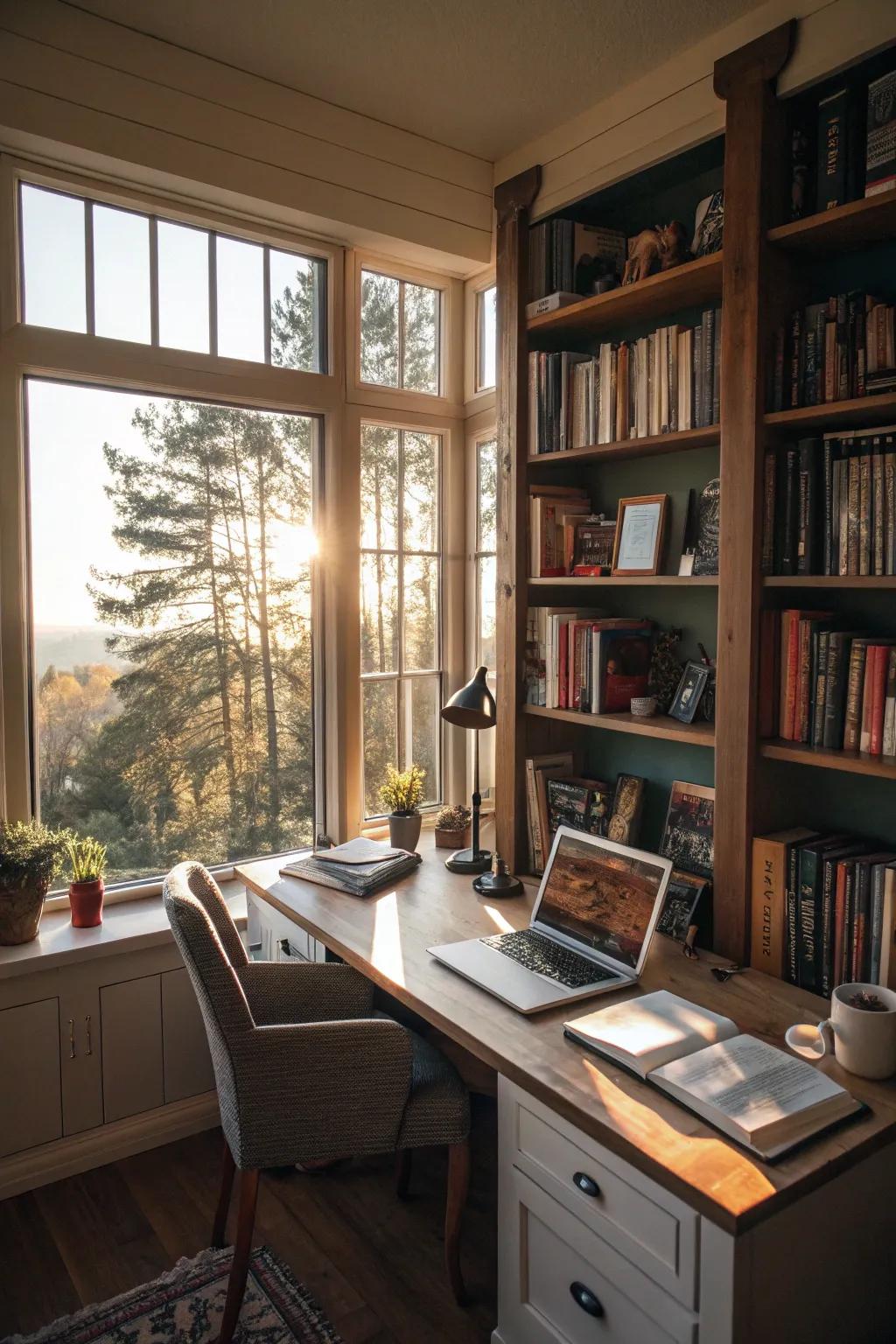 Allow natural light to flood your space with window-integrated bookshelves.