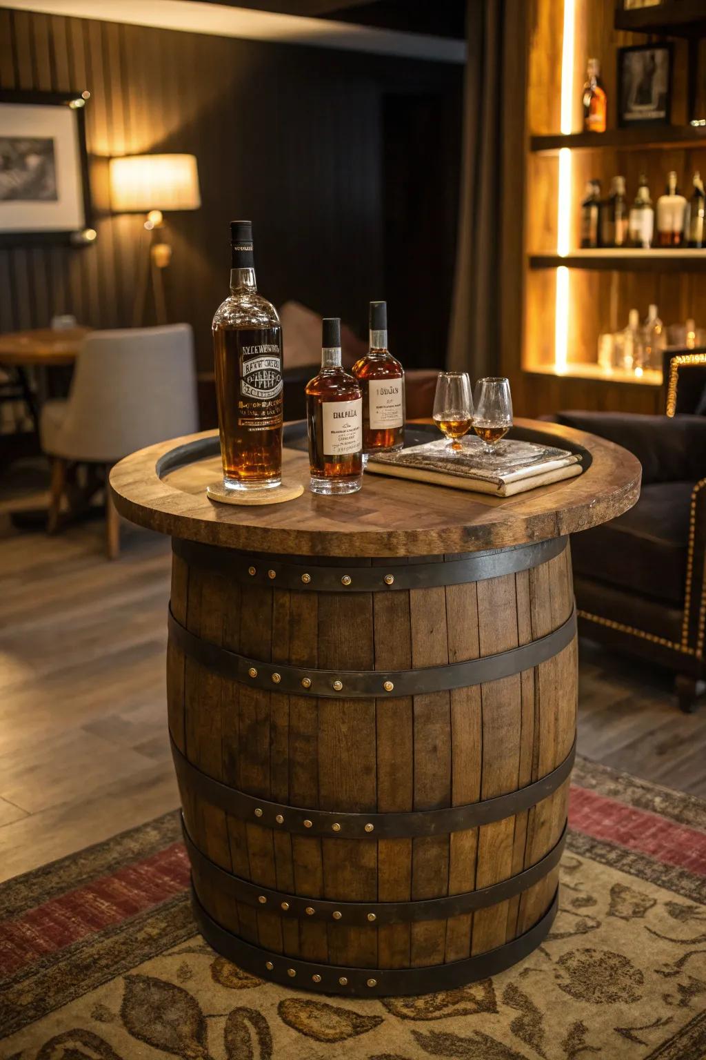 A grain liquor cask bar stand introduces unparalleled character to your nectar showcase.