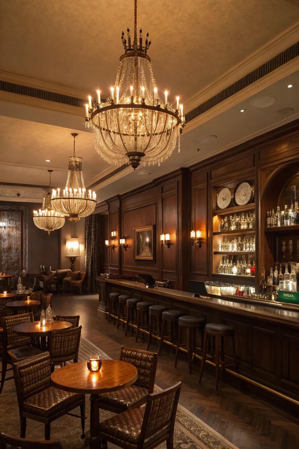 Overhead and wall-mounted lights fashion a warm, inviting environment.