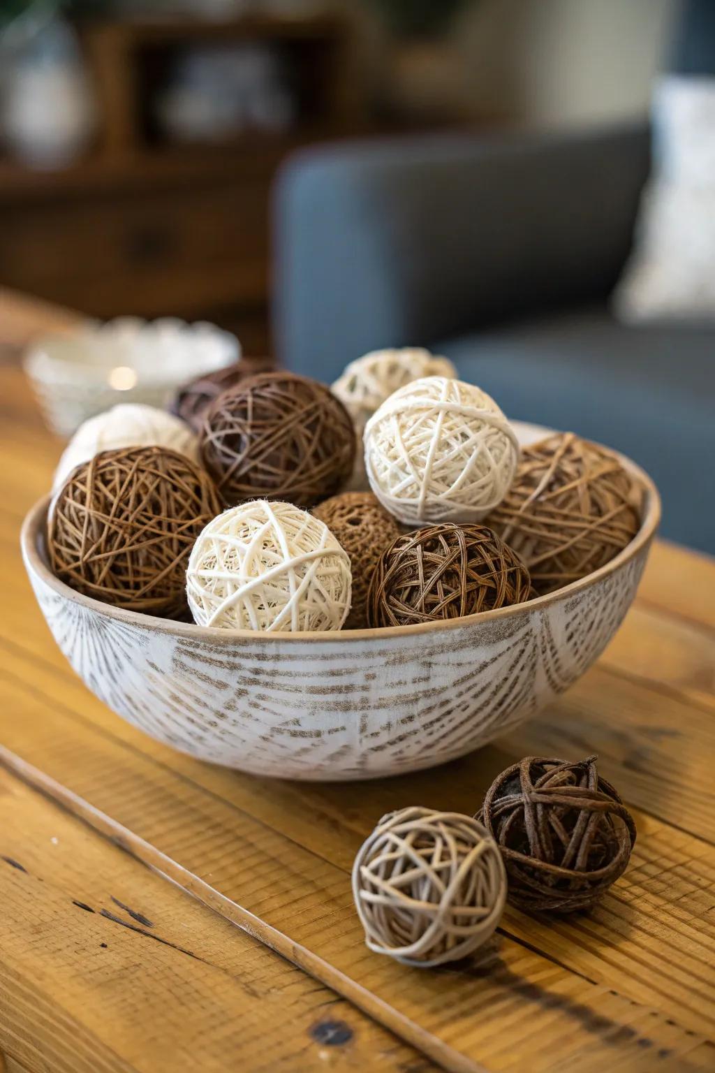An artistic bowl displaying a range of woven and twine balls
