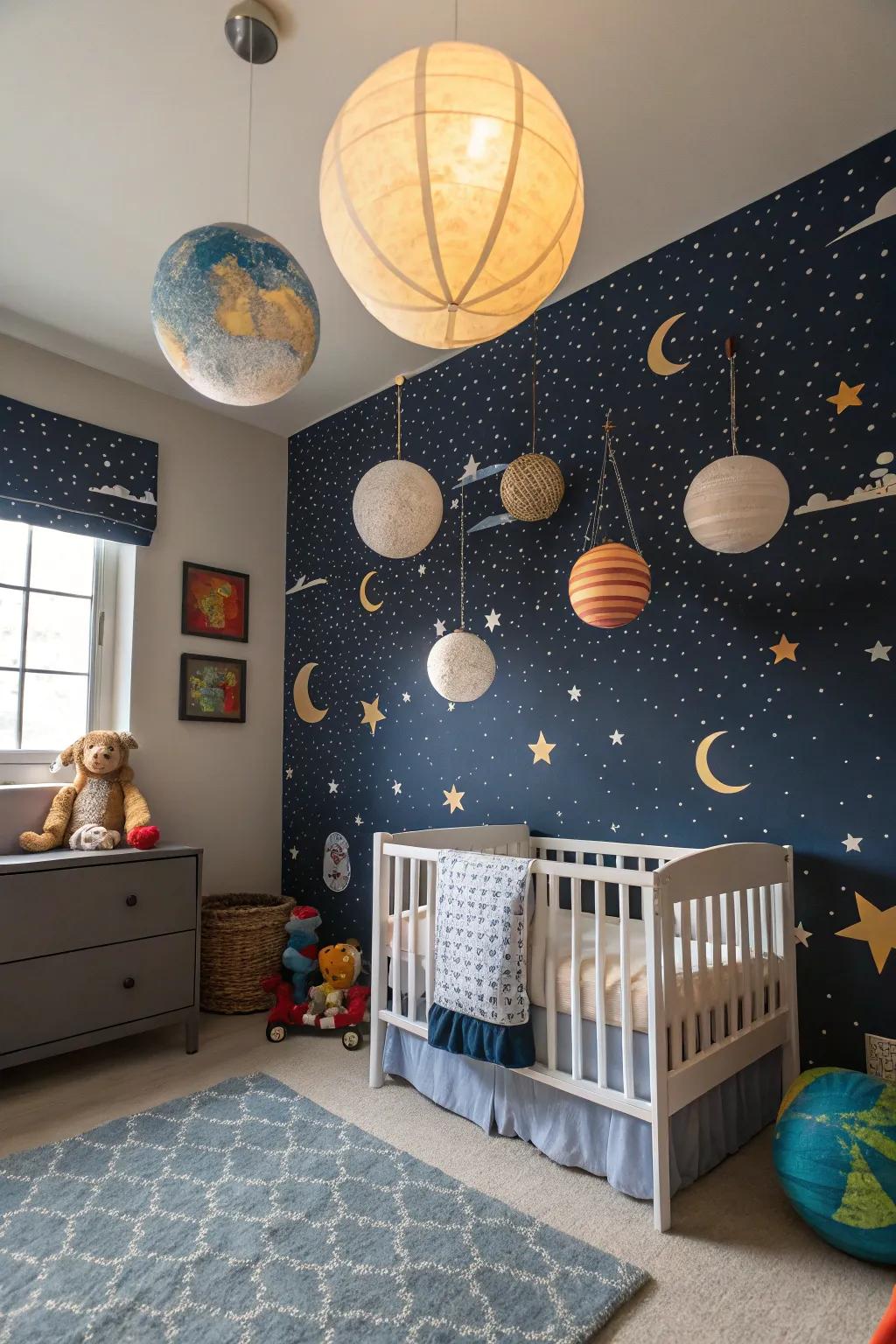Awaken a sense of wonder with a space-themed nursery for your tiny explorer.