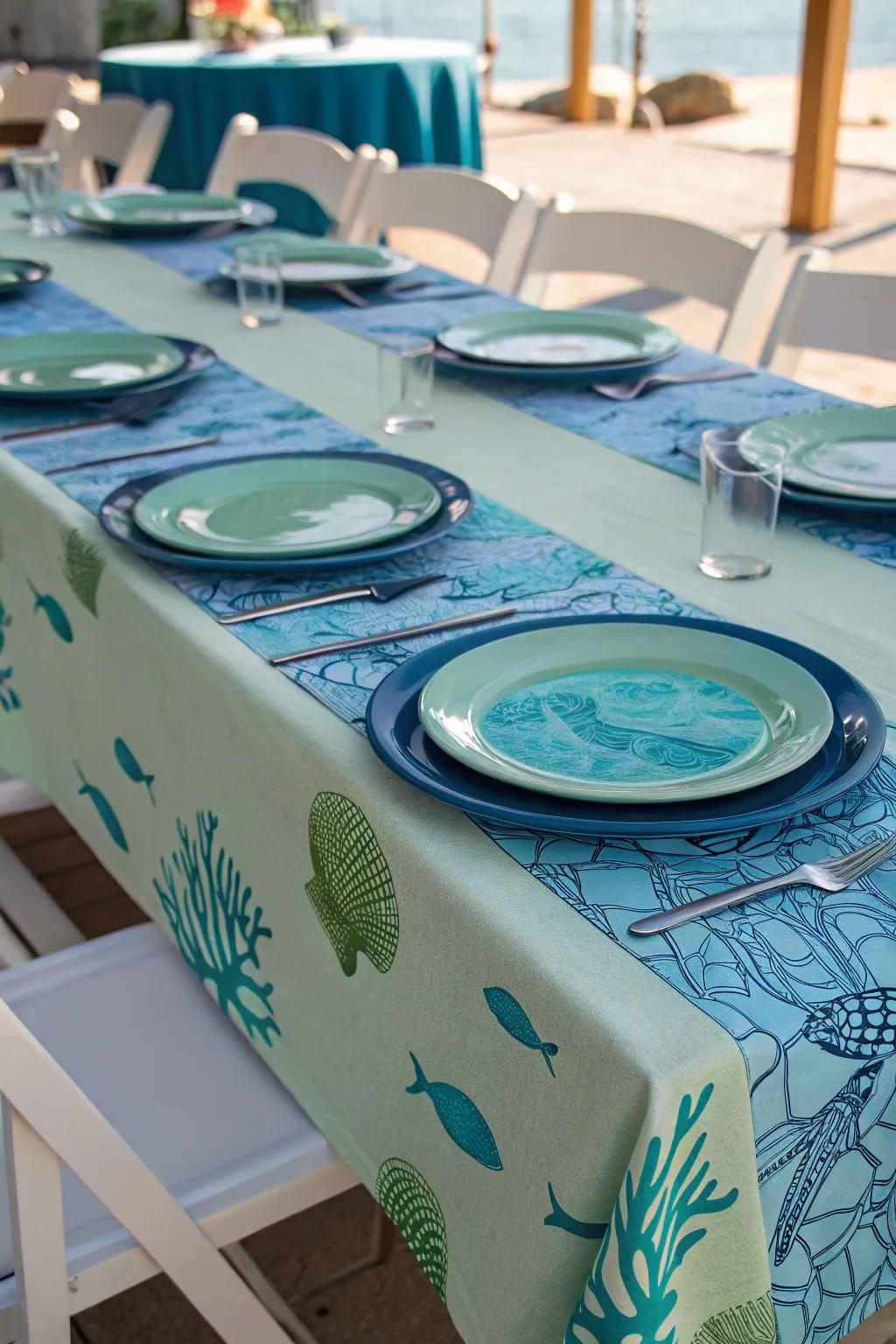 A table arrangement inviting attendees to dine in an underwater atmosphere.