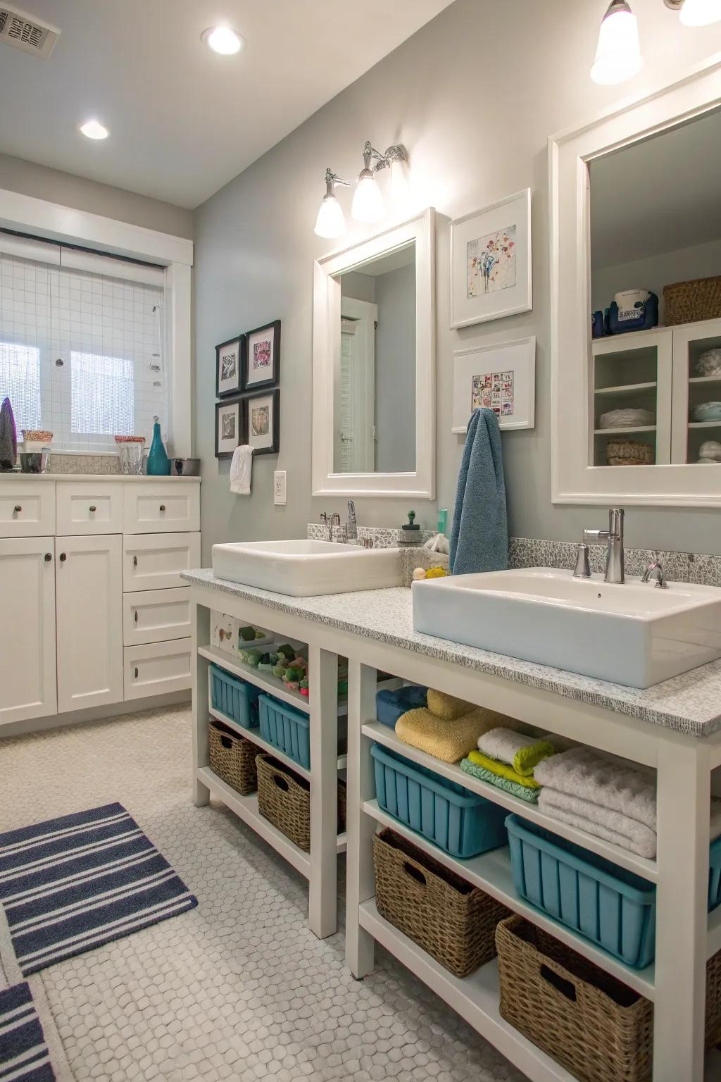 Functional paired washbasins with access platforms, tailored for a communal boys' lavatory.