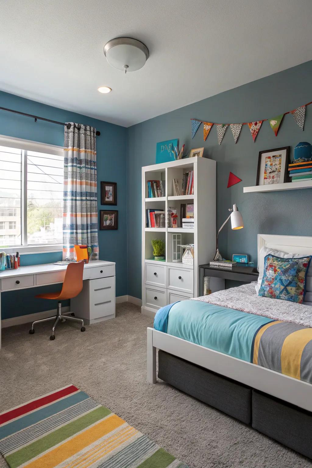 Azure-slate renders a refined yet spirited backdrop.