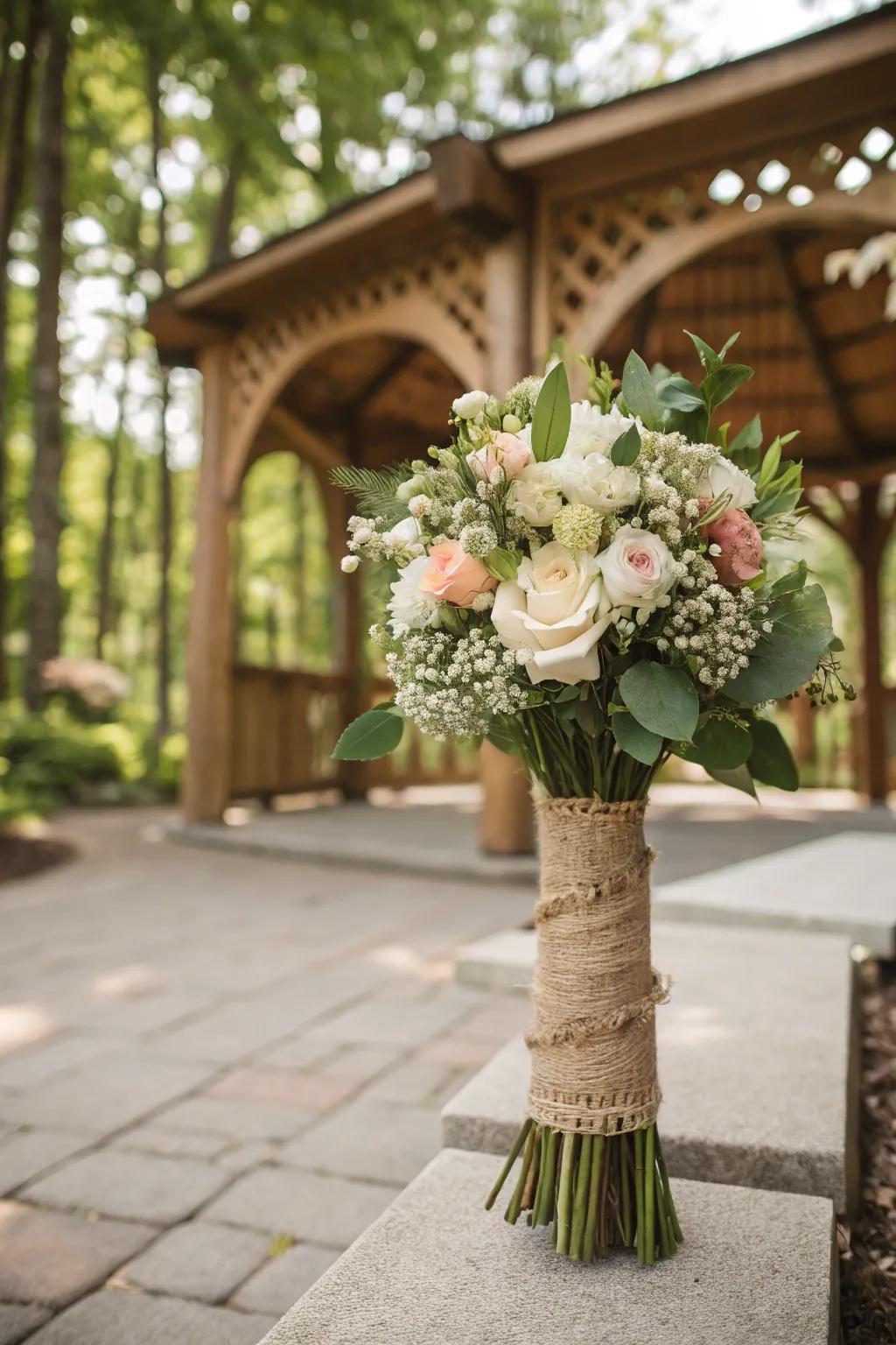 Hessian bindings bring a comfortable, countryside appeal to wedding bouquets.