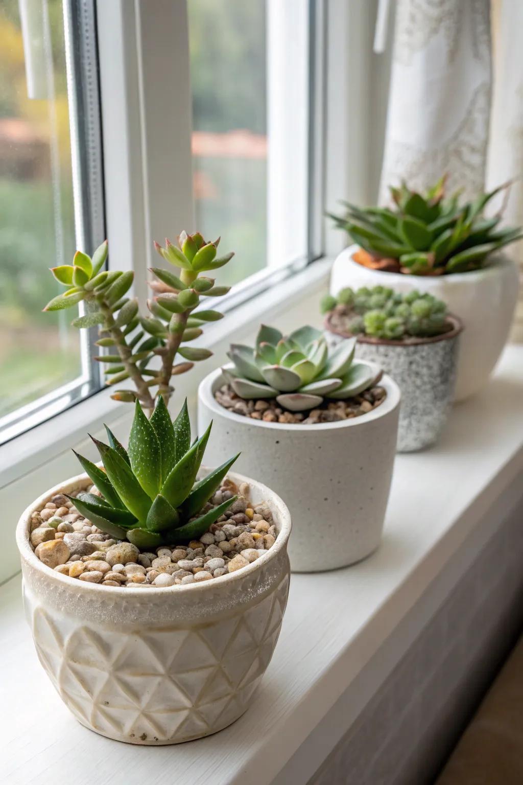 Fleshy plant collections contribute a hint of verdant sophistication.