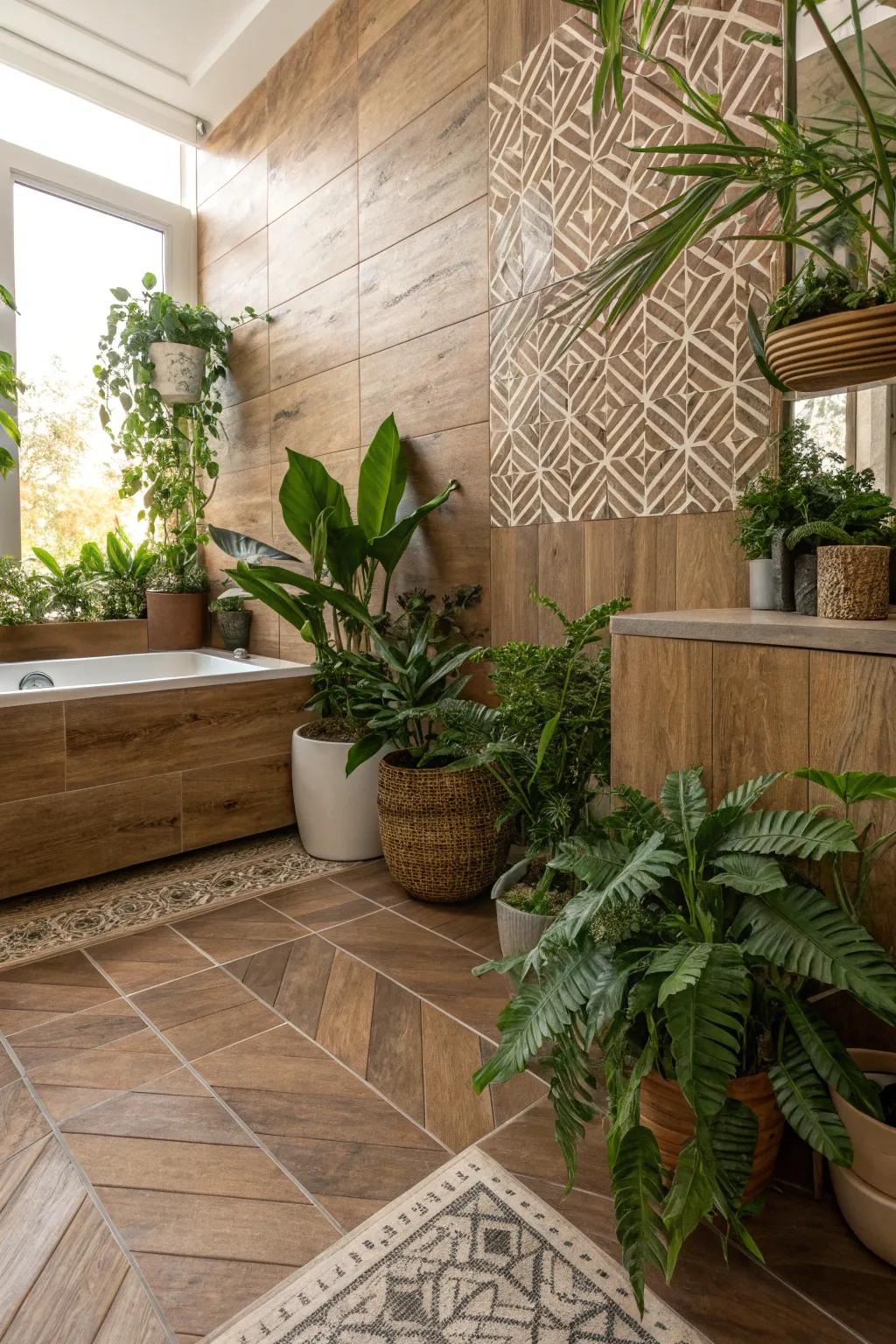 Incorporate nature by using wood-look tiling.