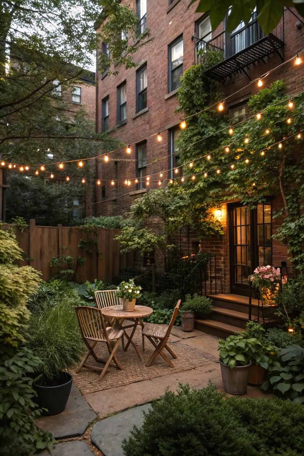 String lights bring a magical element to this relaxing city backyard.