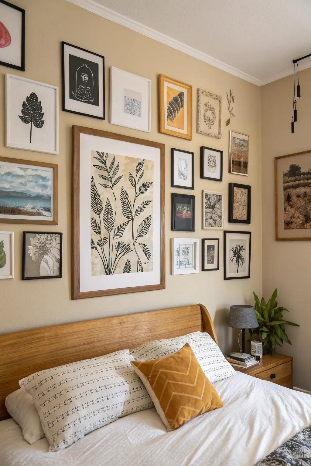 A collection of affordable art prints brings individuality to the bedroom.