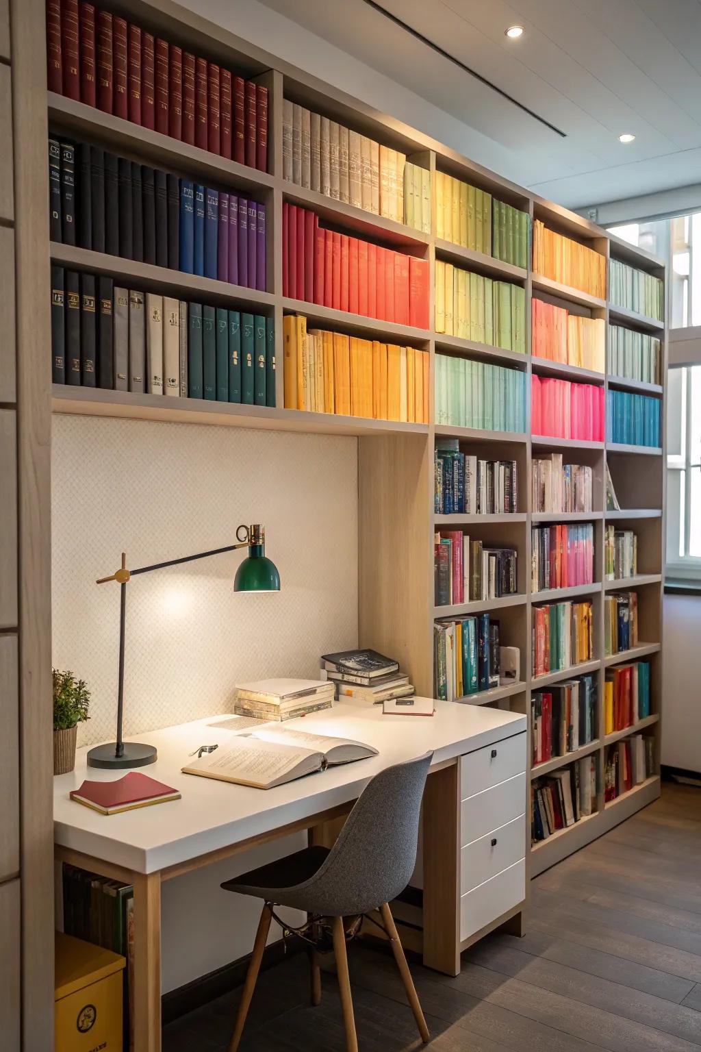 A custom desk fitted within a stylish library wall.