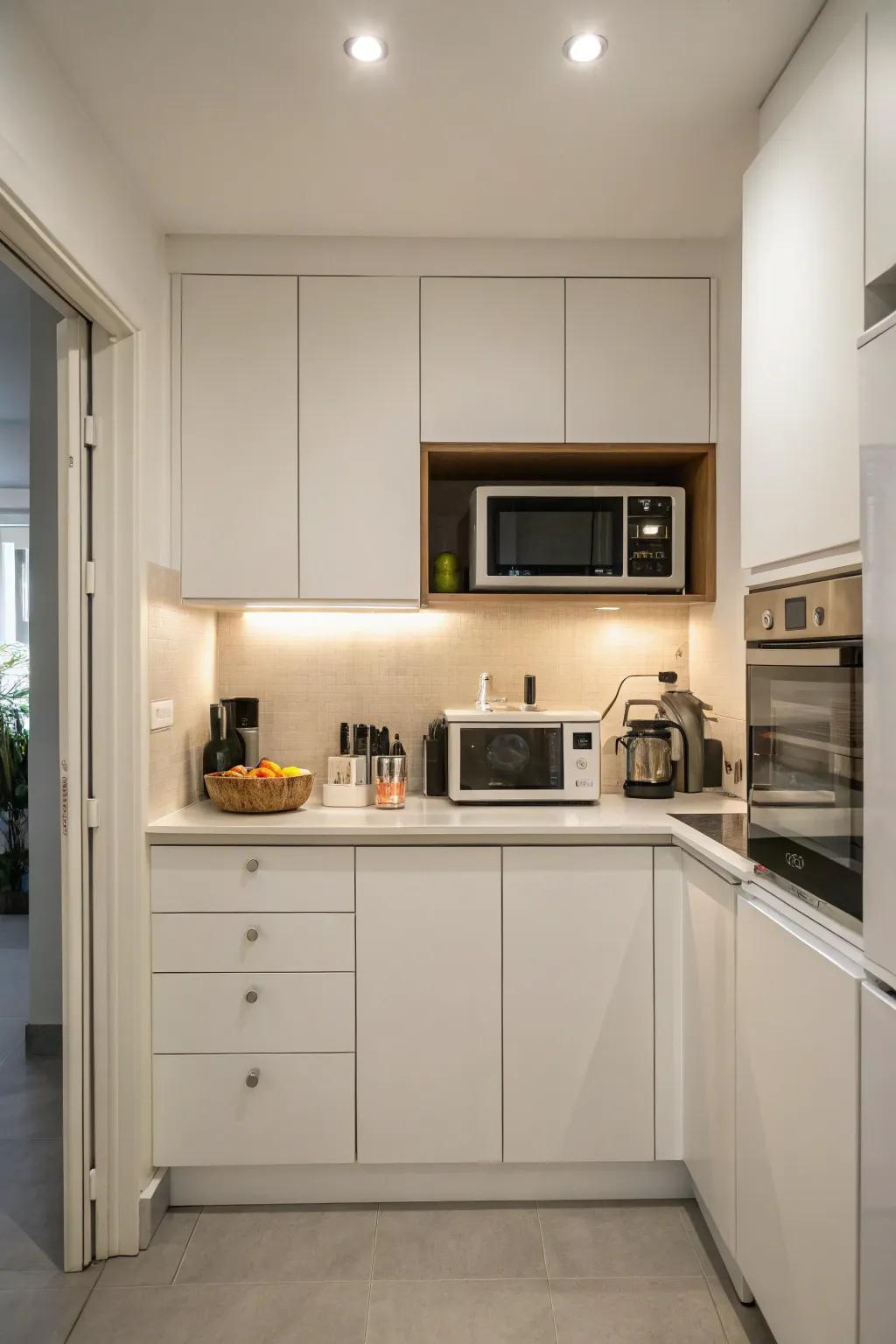 Minimalist kitchen design where the microwave is tucked away behind upward-lifting cabinet doors.