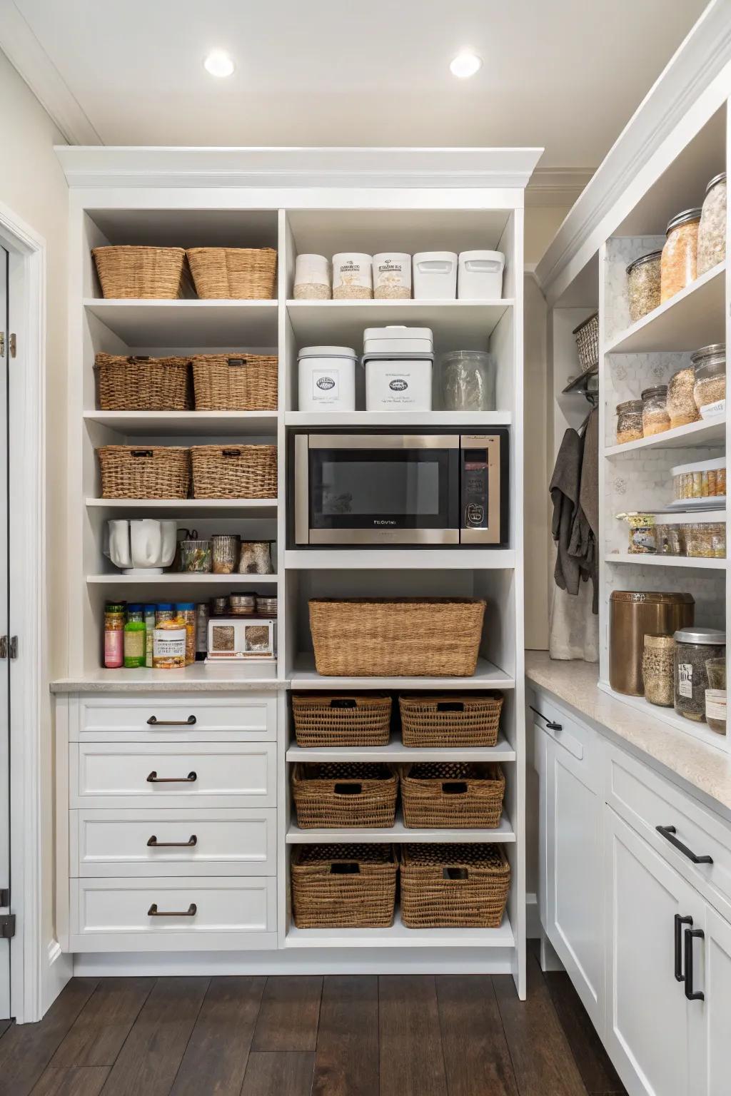 A microwave neatly placed into a spacious pantry.