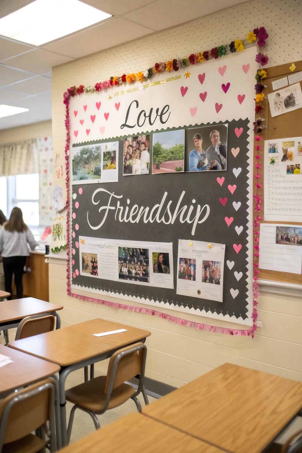 Board showcasing uplifting sayings about affection and friendship.