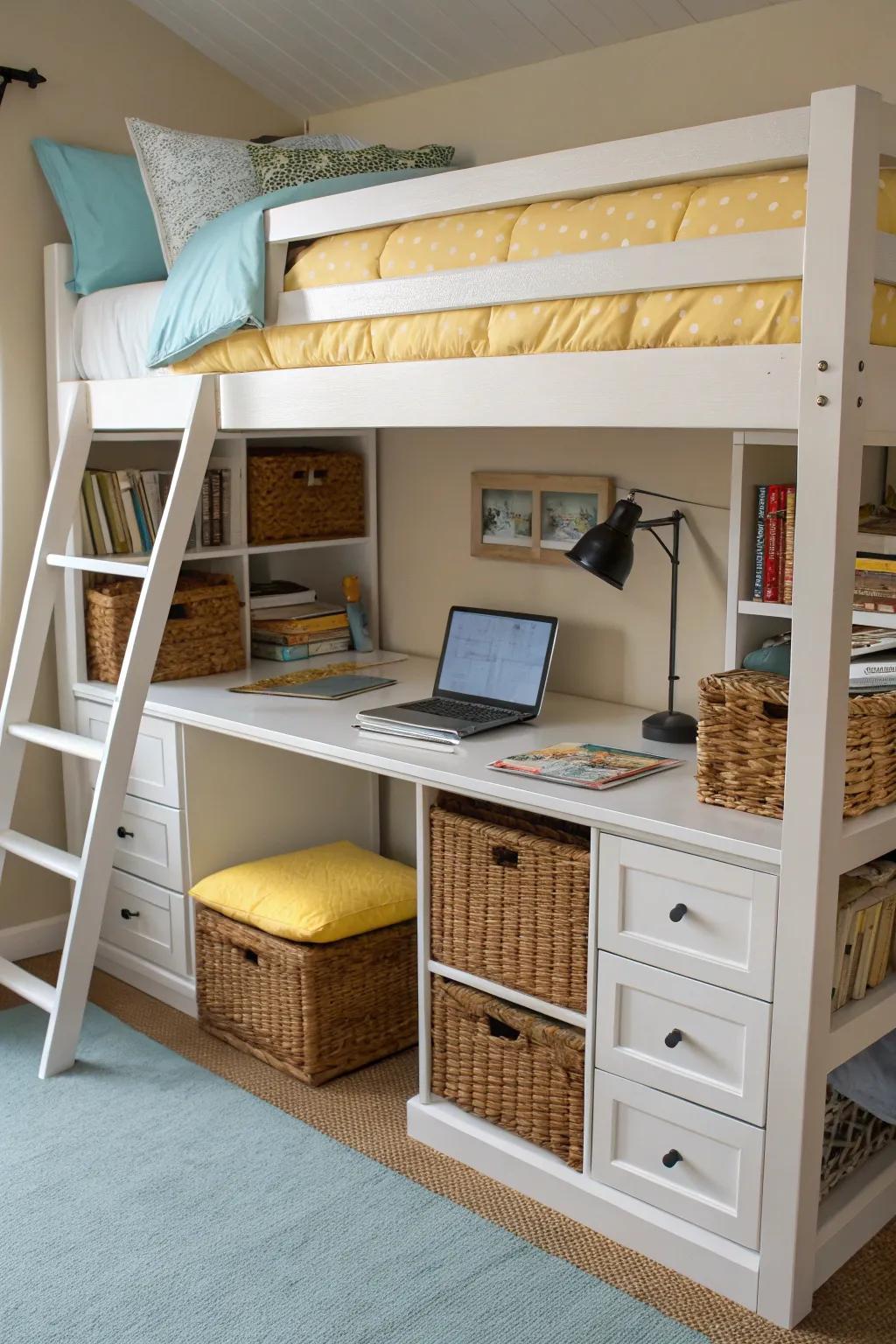 Ideally multi-purpose bunk beds with workspace and storage.