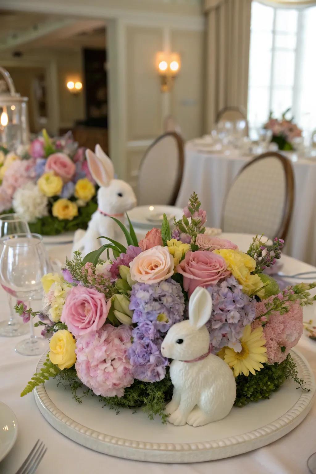 Floral rabbit centerpieces bring charm to the table setting.