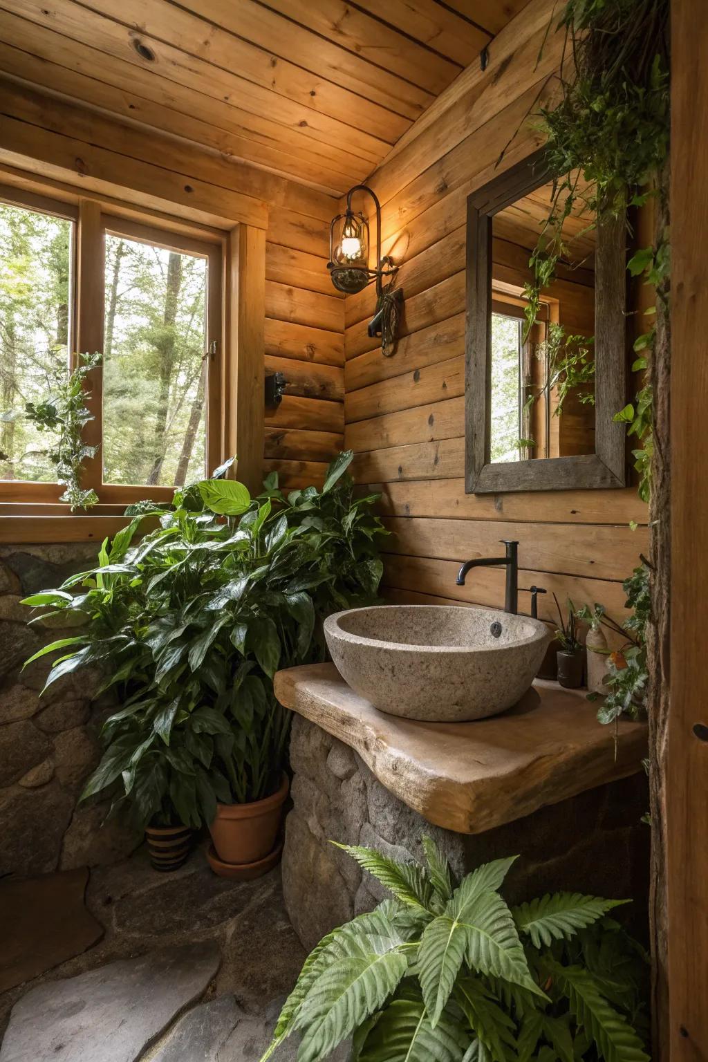 A cabin bathroom displaying plants and a stone sink for an organic sensation.