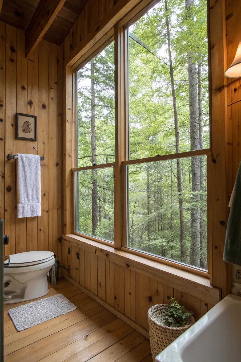 Bask in sunlight using expansive windows within your cabin bathroom.