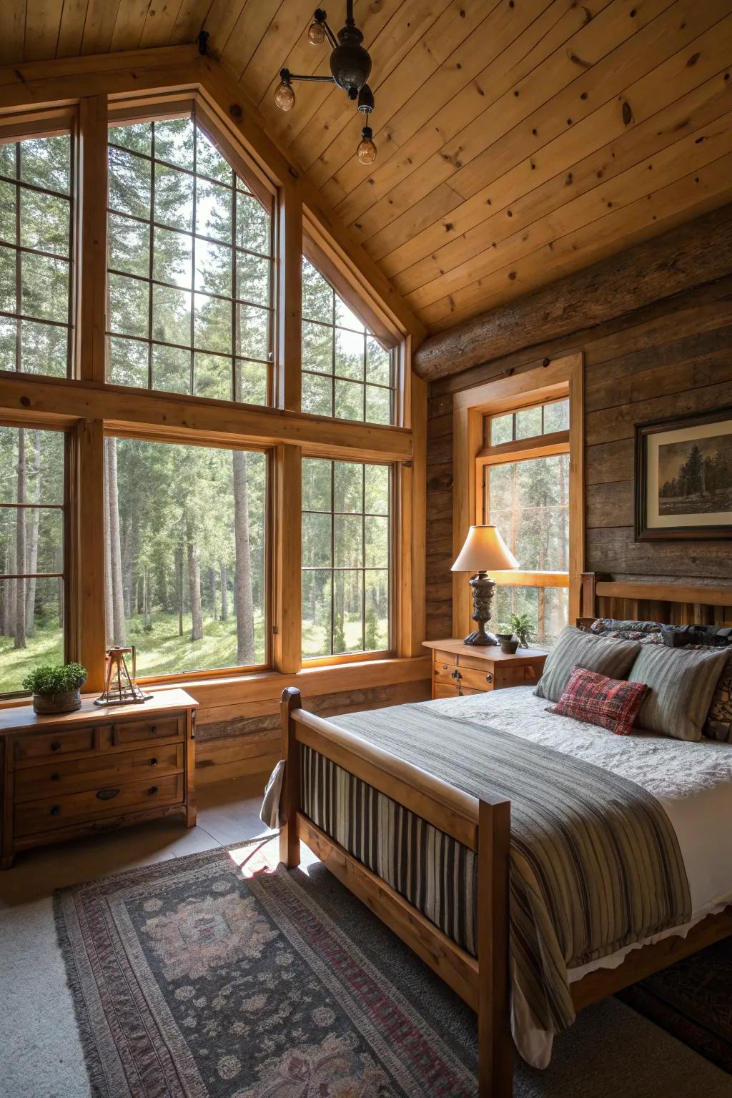 A cabin bedroom that takes advantage of large windows to let in plenty of natural light.