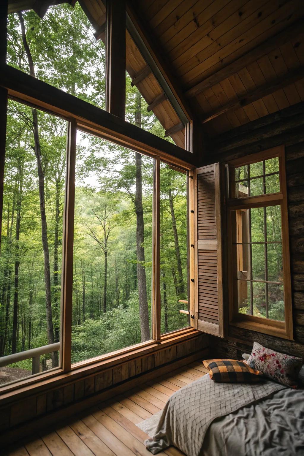 Big windows that connect the cabin's interior to the surrounding natural world.