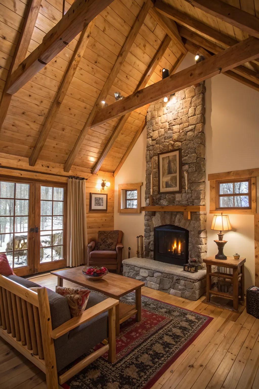 Uncovered beams add a rustic charm to this spacious cabin interior.