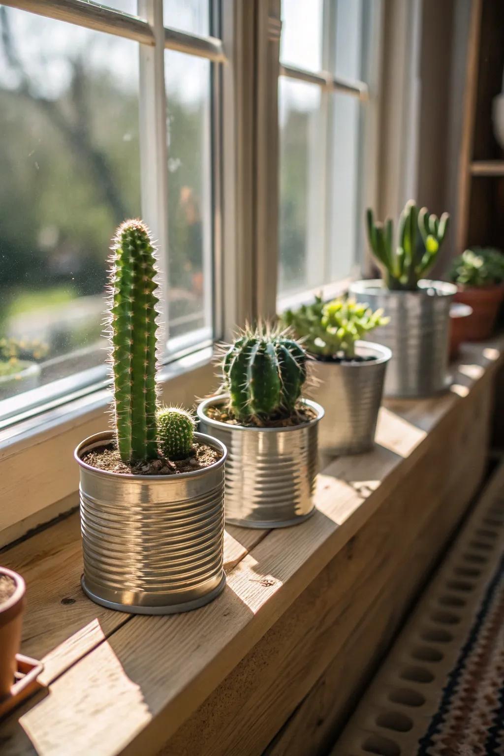 Old tin cans introduce a rustic charm to your cactus exhibit.