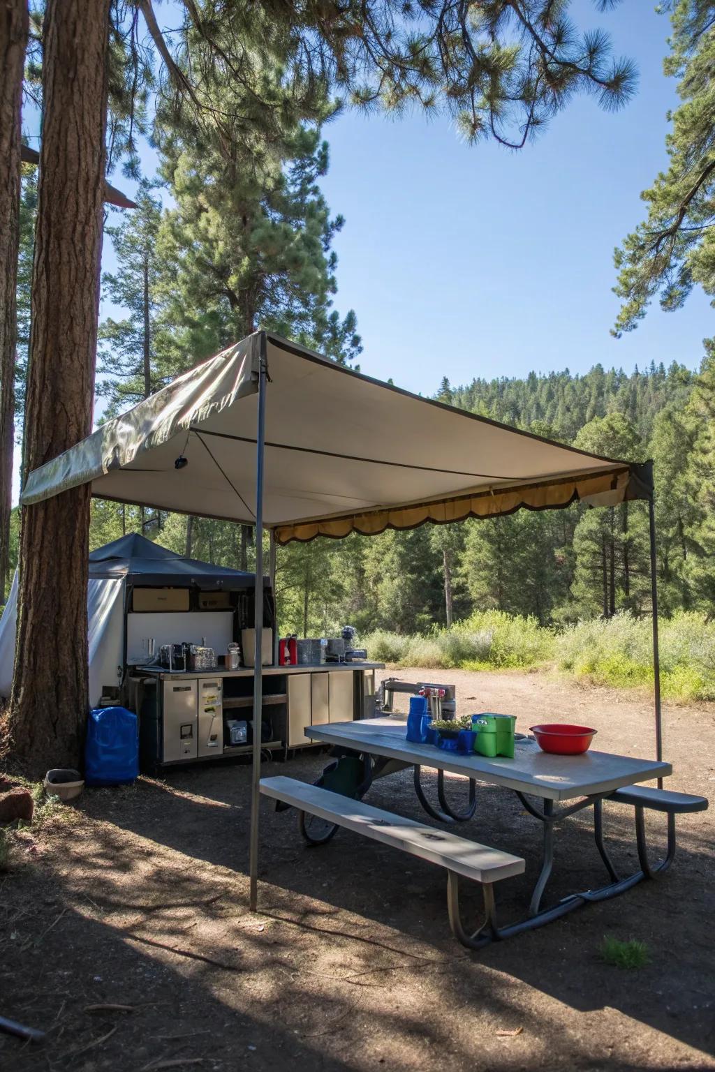 A tarp offering crucial protection for a camping cooking area.
