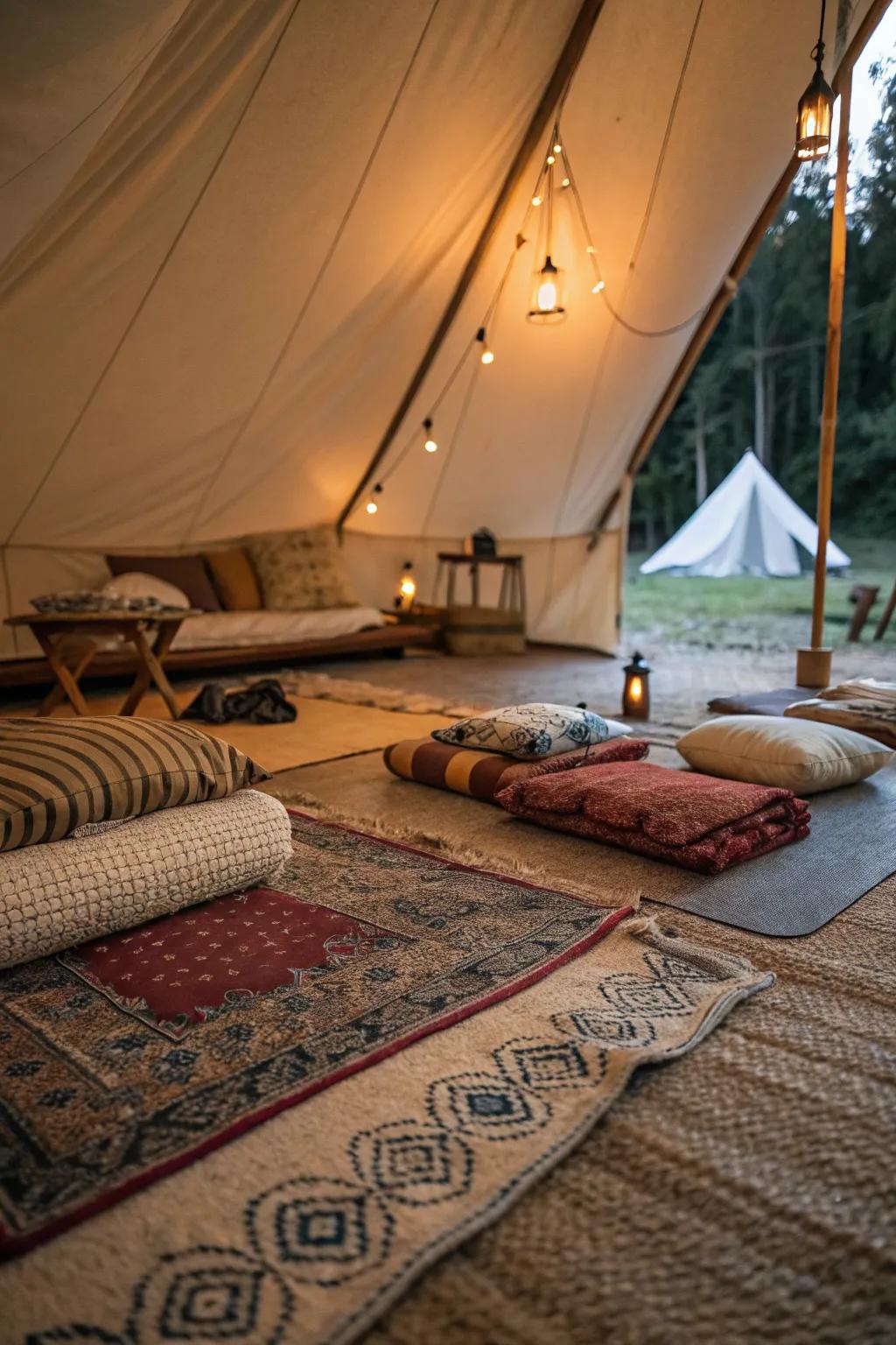 Include plush mats for a warm and comfy tent interior.