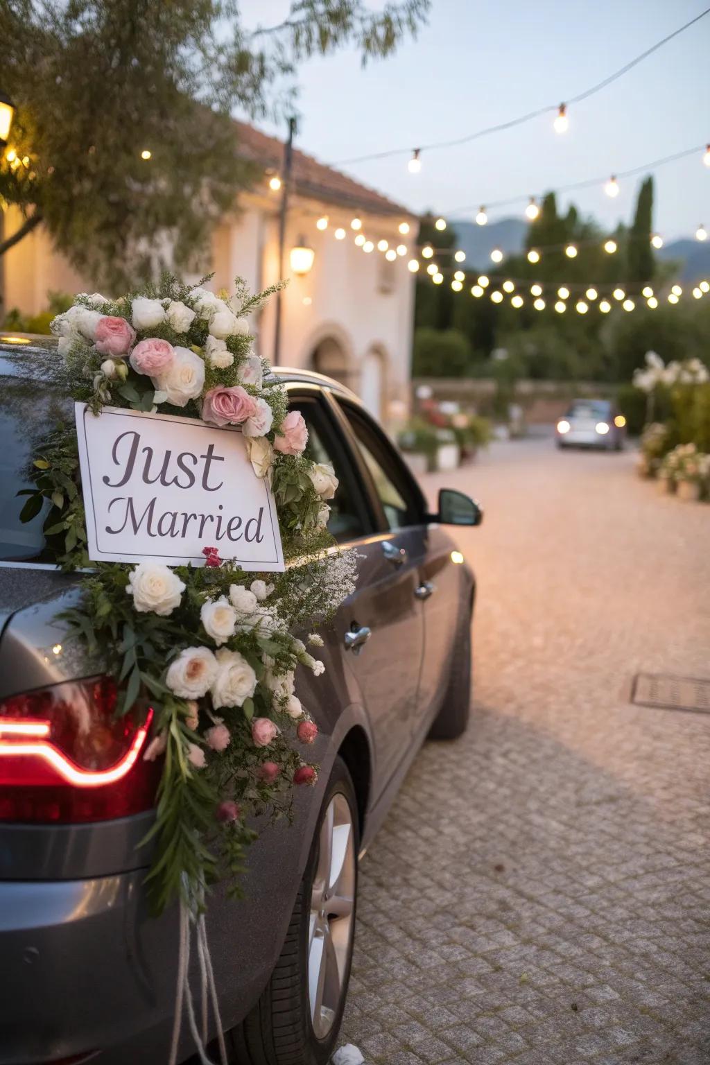A beautifully decorated wedding car showcasing floral sophistication and celebratory indicators.